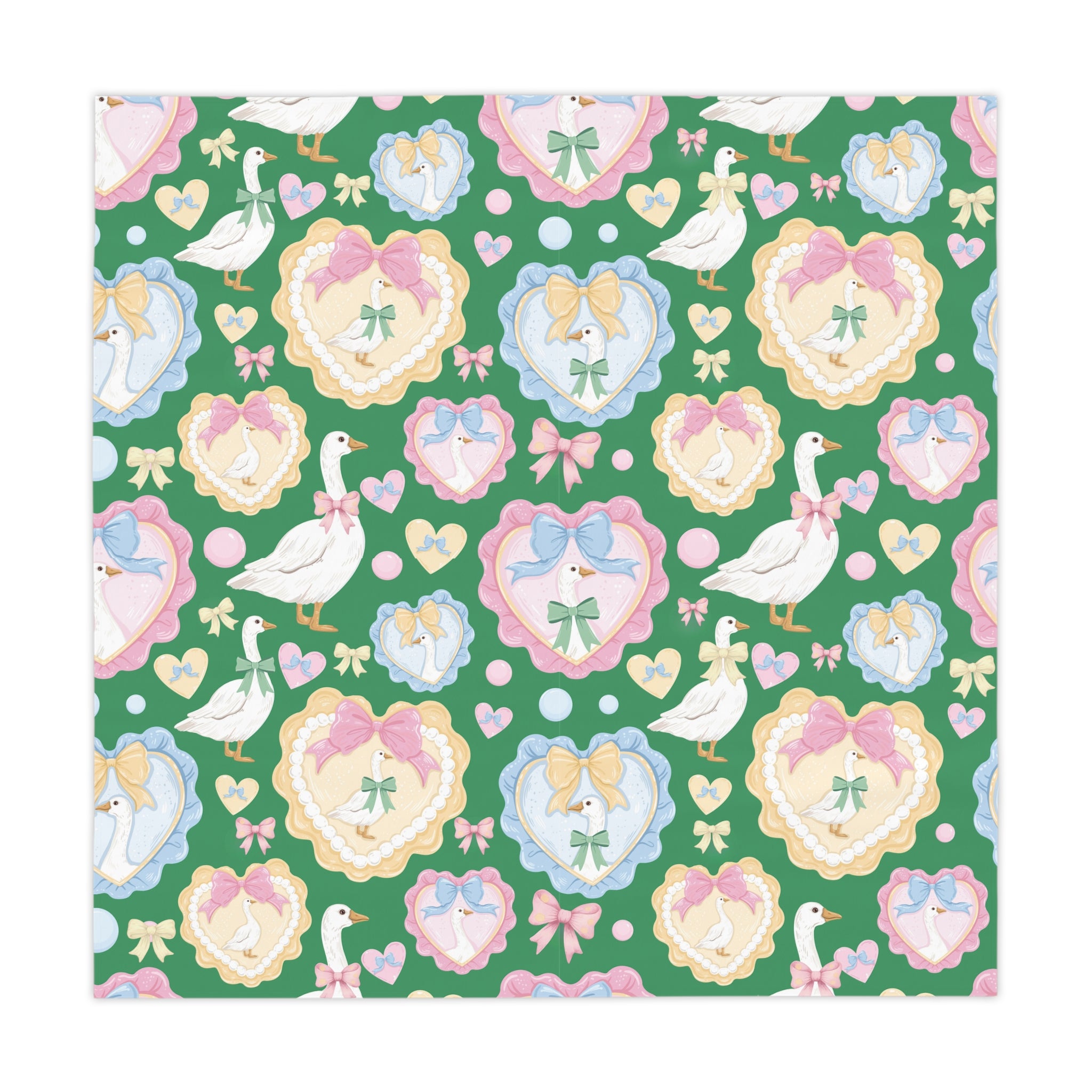 Silly Goose Green Tablecloth with Pastel Bows & Hearts – Whimsical Dining Table Decor