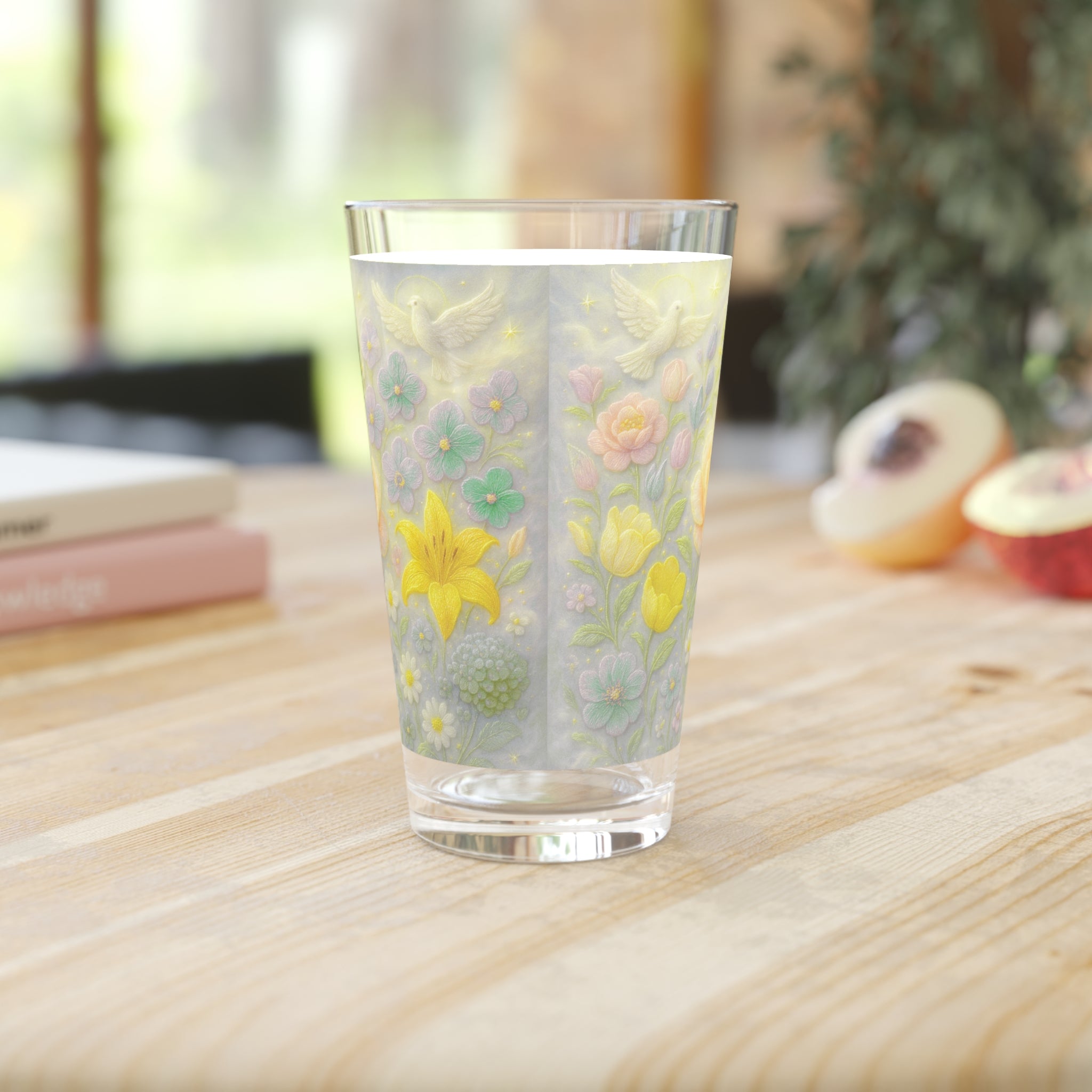 Pint Glass, Dove with 3D Illusion Pastel Flowers - Floral Design, Kitchen Decor, Housewarming Gift, Barware, Glassware, Home Accessories