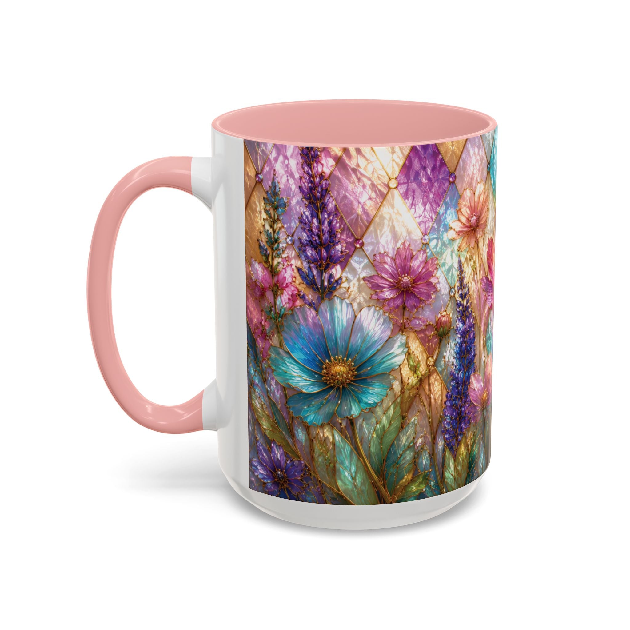Floral Mosaic Accent Coffee Mug — Colorful Garden Flowers 11/15oz Stain Glass Illusion