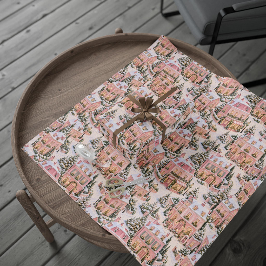 Wrapping Paper — Pink Snowy Village Holiday Gift Wrap (Festive Cottage Pattern)