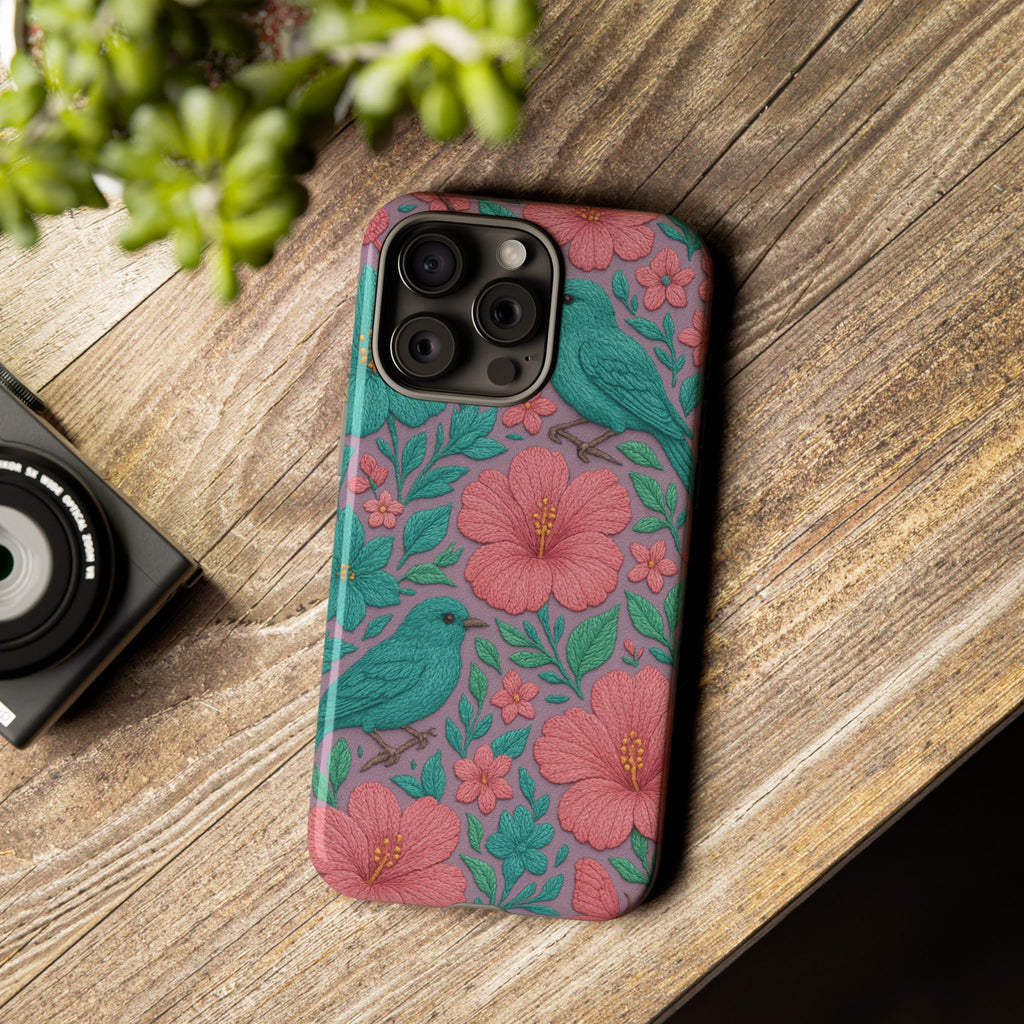 Turquoise, Pink and Lavender 3D Embroidery Illusion Phone Case Tropical Flowers, Birds & Butterflies Cover with Bold, Realistic Floral Texture iPhone, Samsung