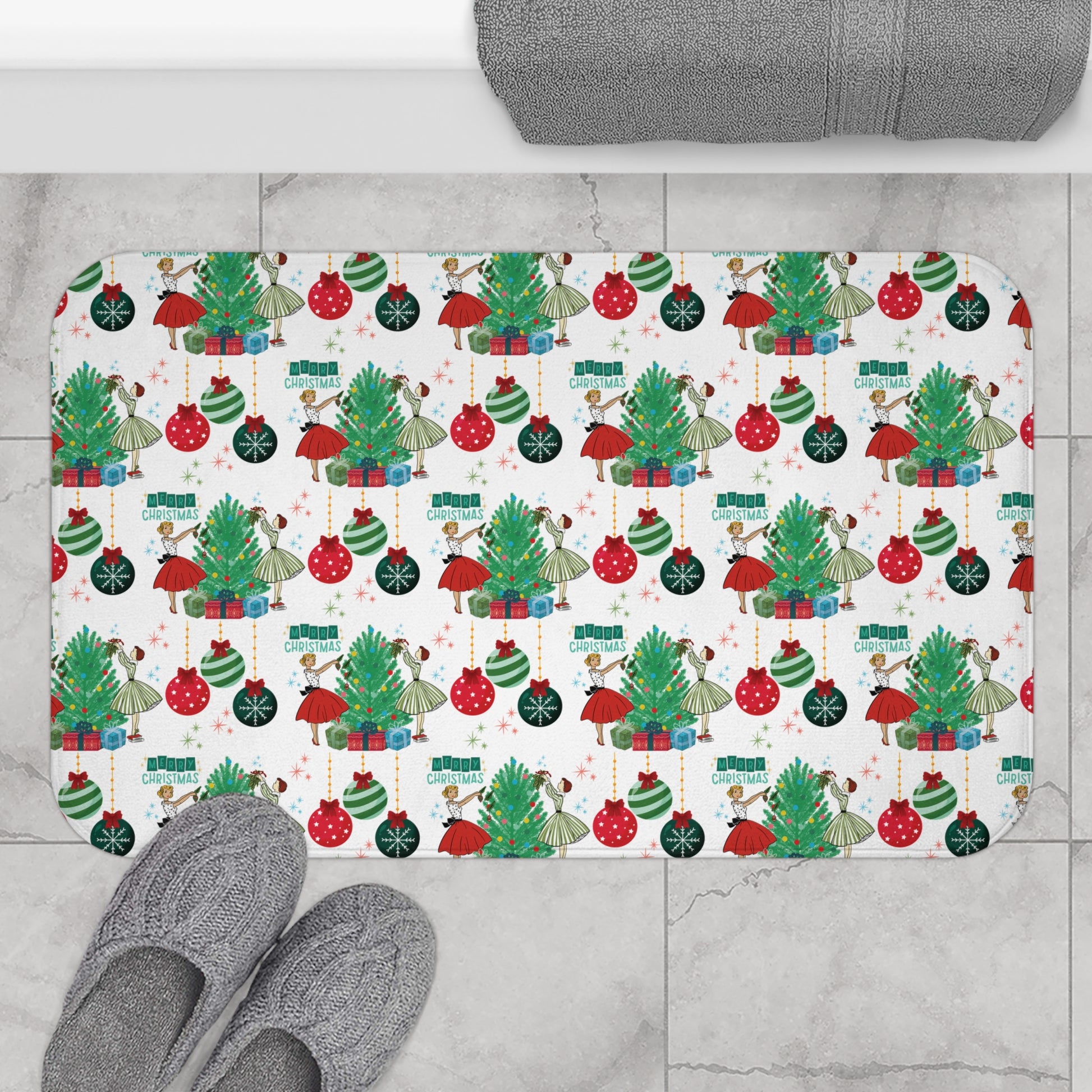 Retro Glam 50s Christmas Bath Mat  Vintage Holiday Bathroom Decor, Mid Century Xmas Style, Festive Retro Floor Mat New House