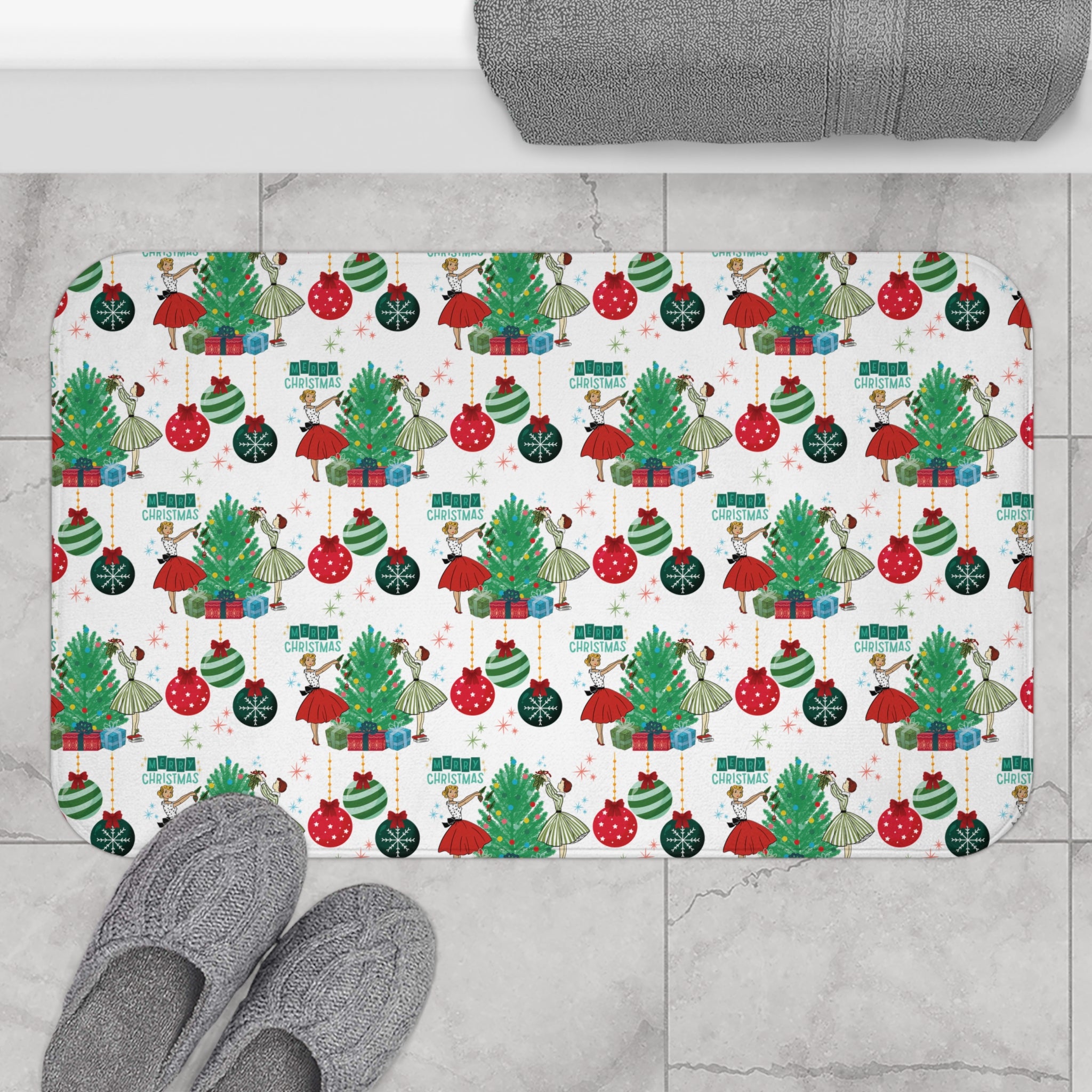 Retro Glam 50s Christmas Bath Mat  Vintage Holiday Bathroom Decor, Mid Century Xmas Style, Festive Retro Floor Mat New House
