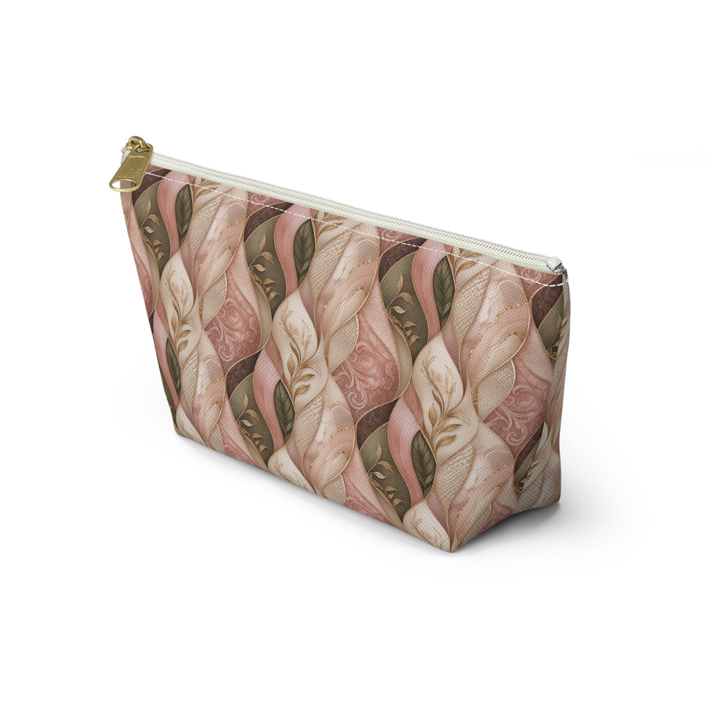 Braided Floral Accessory Pouch — Pink & Olive T‑Bottom Cosmetic Bag