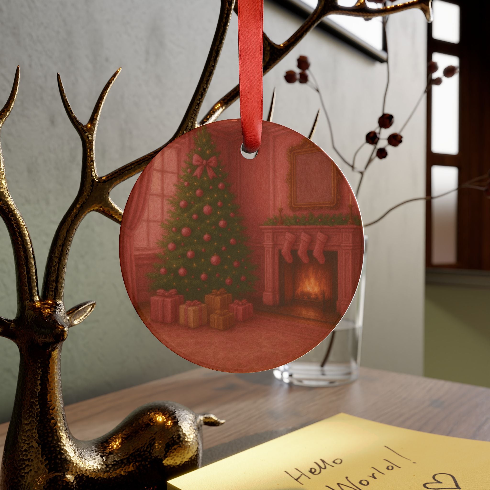 Pink Christmas Vintage Ornament Elegant Tree with Gifts Design, Glossy Finish, Acrylic 2.90x2.90 in, Includes Red Ribbon for Hanging Tree Accent Gift for Family