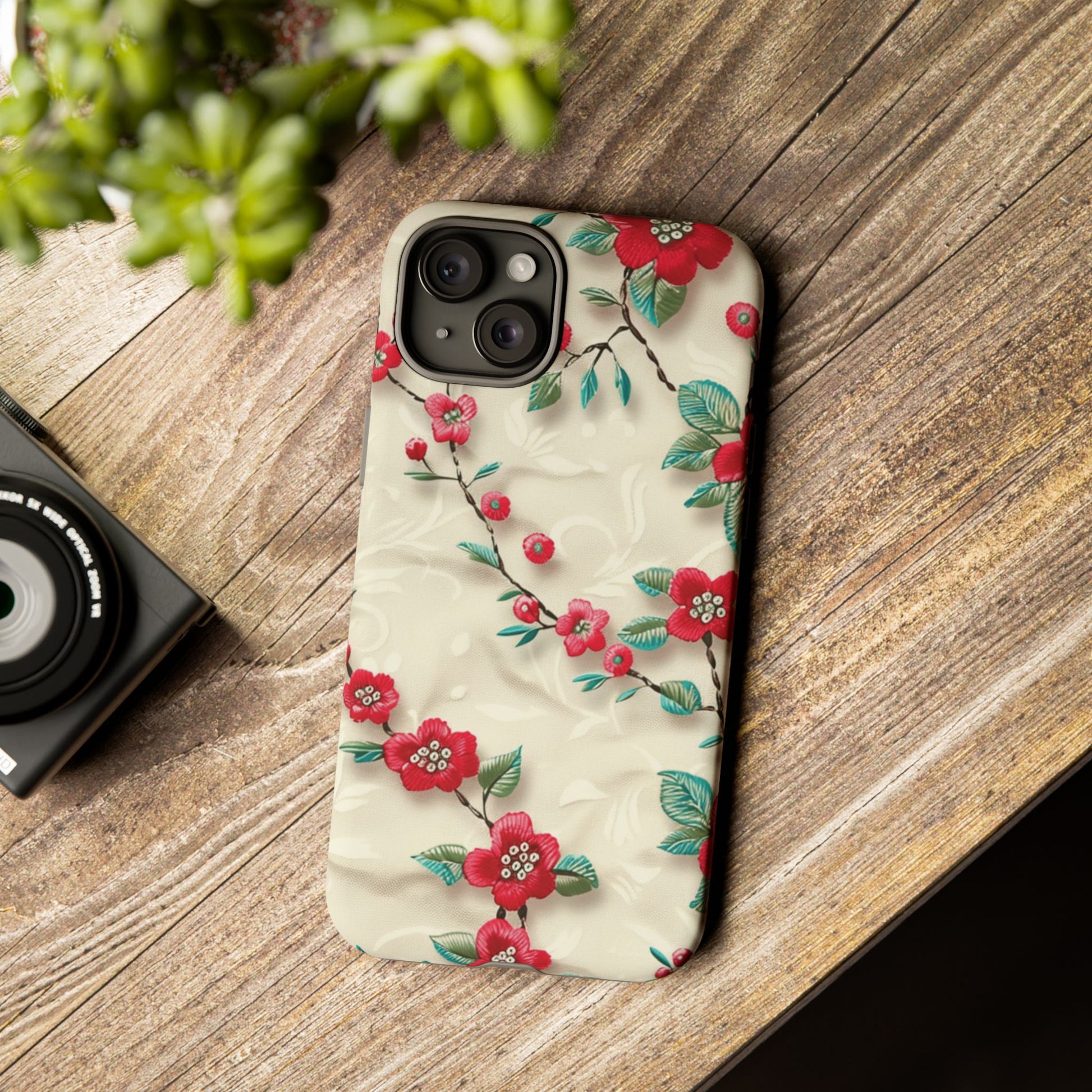3D Embroidery Illusion Red Flowers Phone Case for iPhone, Samsung Pixel Artistic Floral Protection 15 14 13 12, 21 23 Gift for Her Perfect for Floral Lover