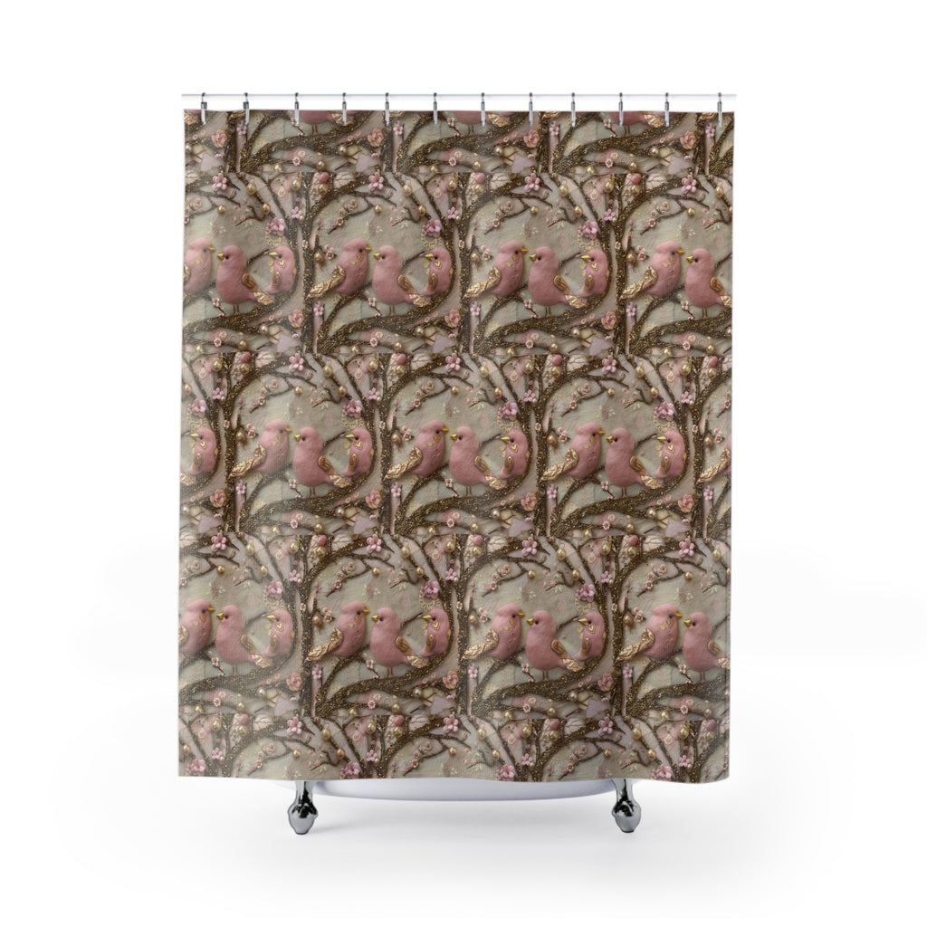 New House Boho Pink Birds 3D Illusion Shower Curtain Books & Bows Design | Autumn Bathroom Decor for Cozy and Stylish Bathroom Spaces - MRSBYVALLE