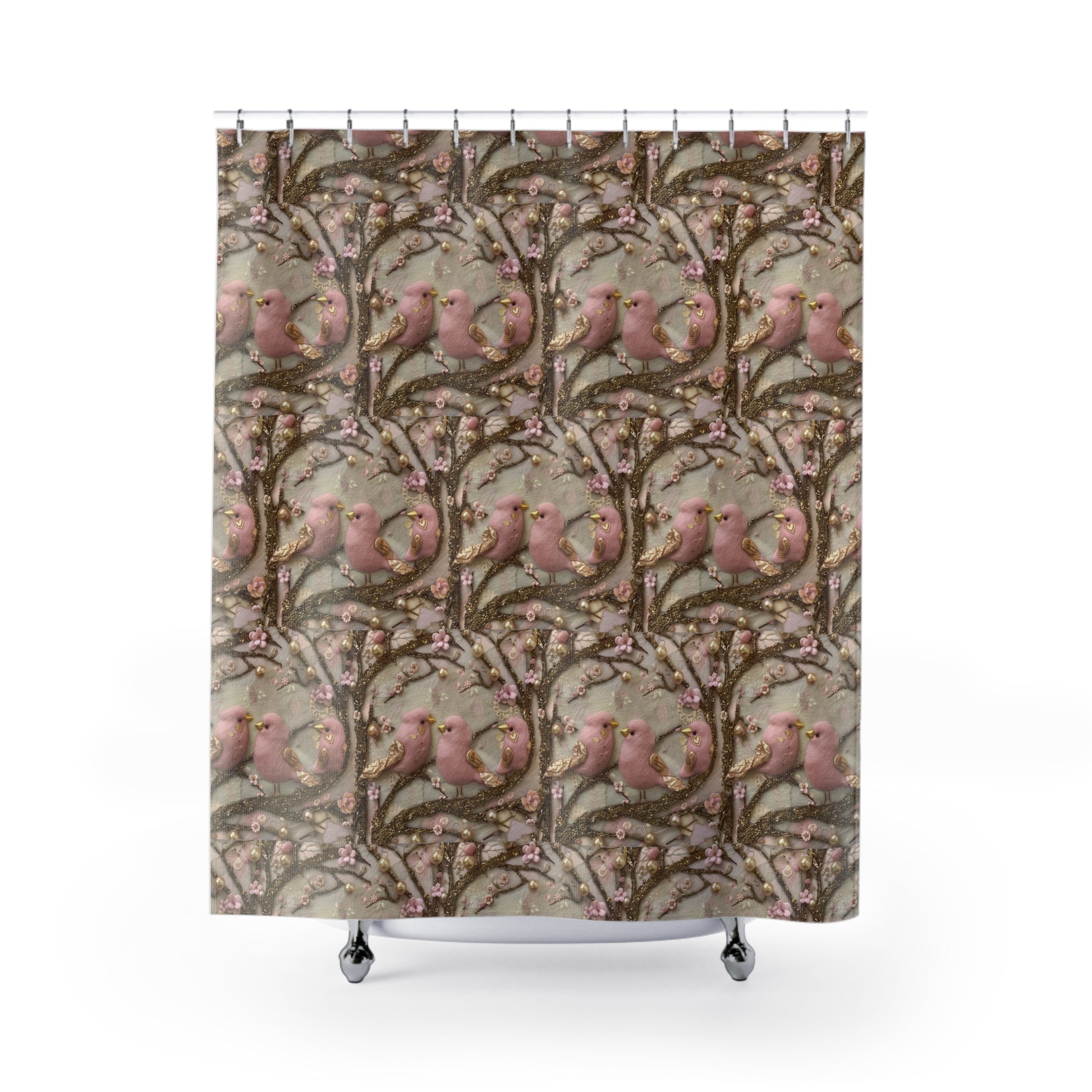 New House Boho Pink Birds 3D Illusion Shower Curtain Books & Bows Design | Autumn Bathroom Decor for Cozy and Stylish Bathroom Spaces - MRSBYVALLE