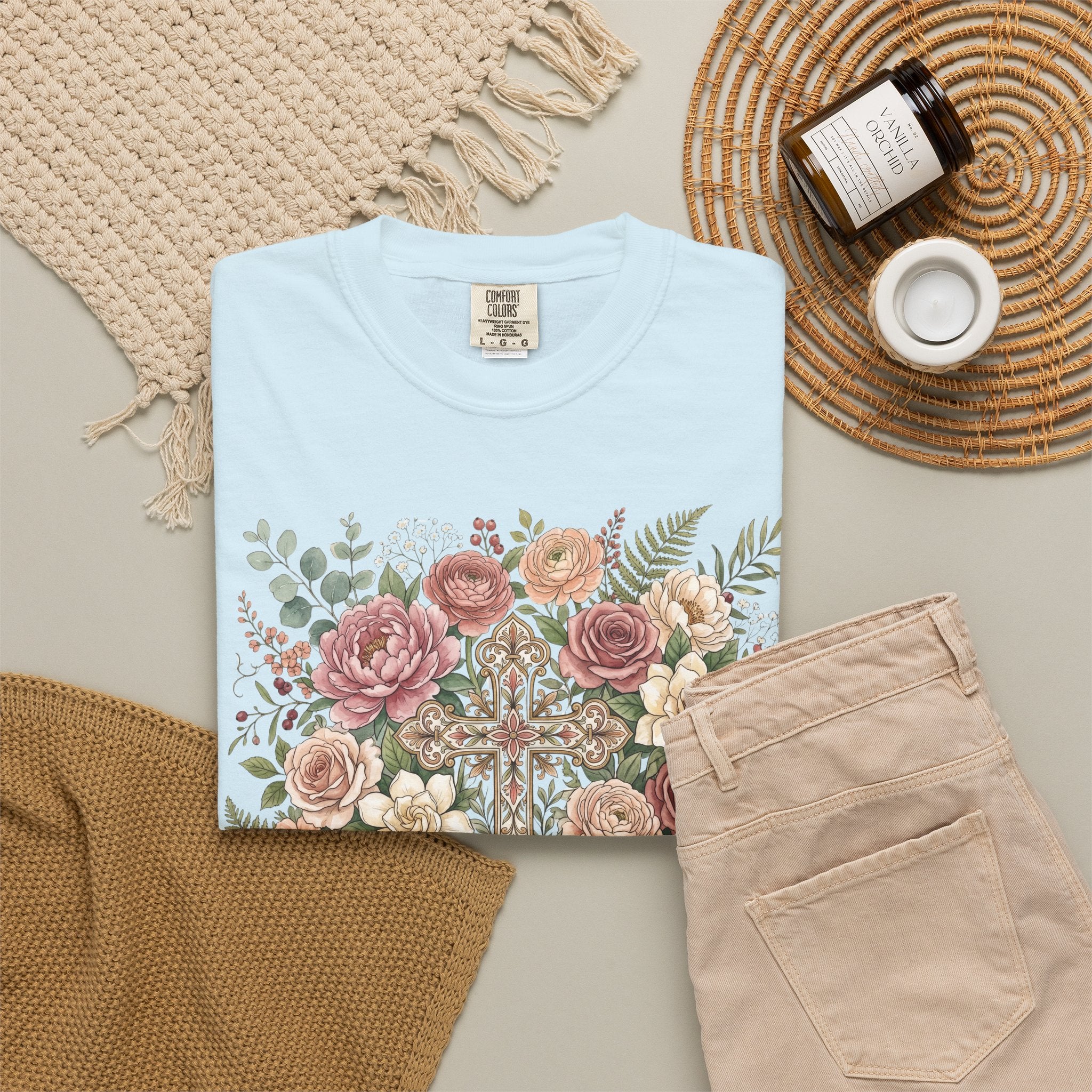 He Is Risen Floral Cross T-Shirt Christian Gift