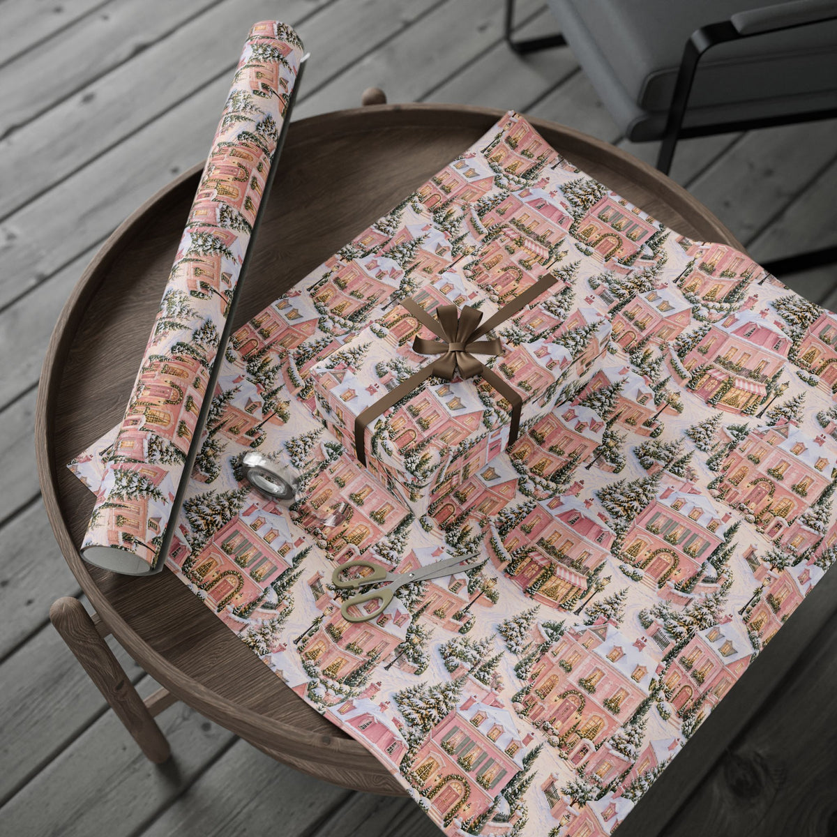 Wrapping Paper — Pink Snowy Village Holiday Gift Wrap (Festive Cottage Pattern)