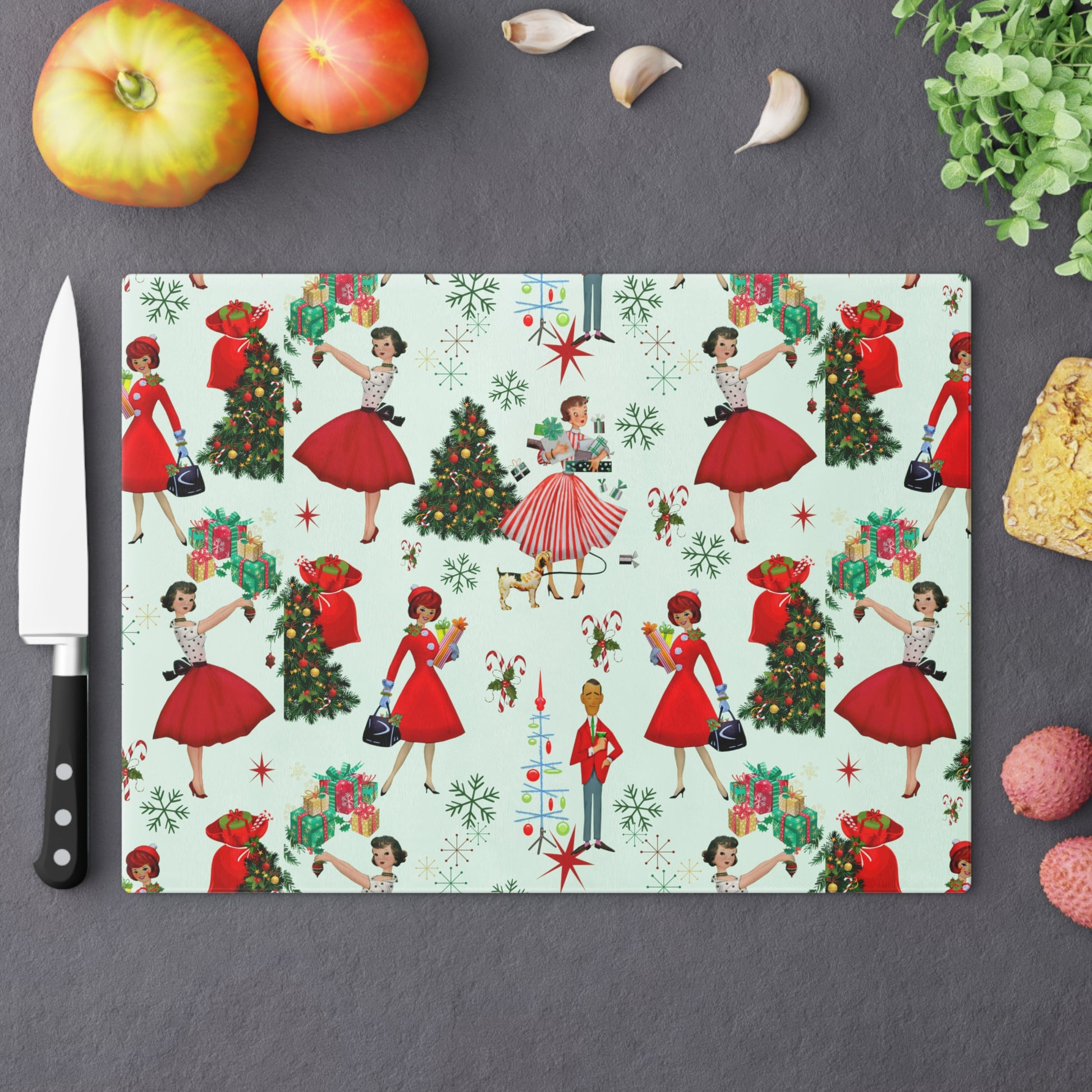 New House Tempered Glass Cutting Board with 1950s Vintage Retro Christmas Design Ultra-Durable Kitchen Accessory for Stylish Cooking Kitchen Decor Housewarming, New House Gift - MRSBYVALLE