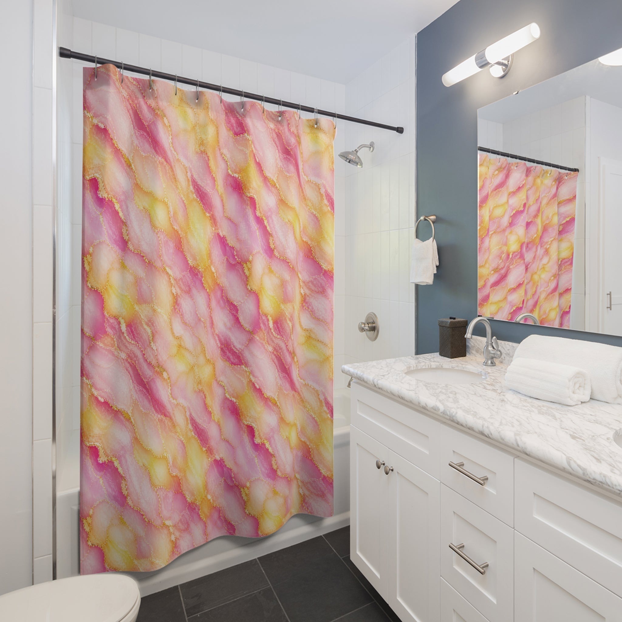 Blush Pink & Pastel Yellow Marble Shower Curtain – Gold Vein Luxury Bath Decor