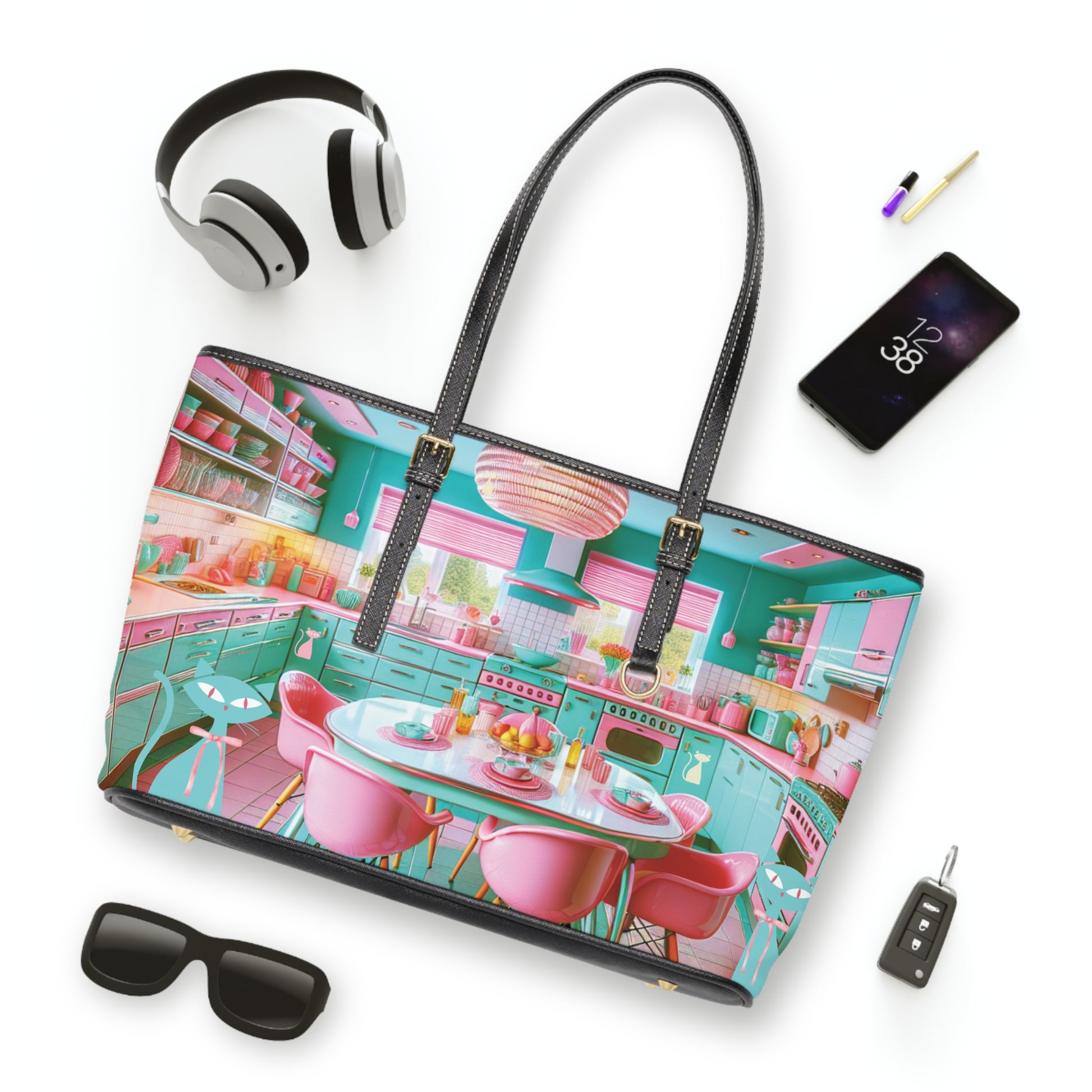 Atomic Mid Century Modern Retro Pink & Aqua PU Leather Shoulder Bag Stylish and Durable Handbag for Everyday Use, Travel, & Special Occasions – Trendy Vintage-Inspired Accessory - MRSBYVALLE