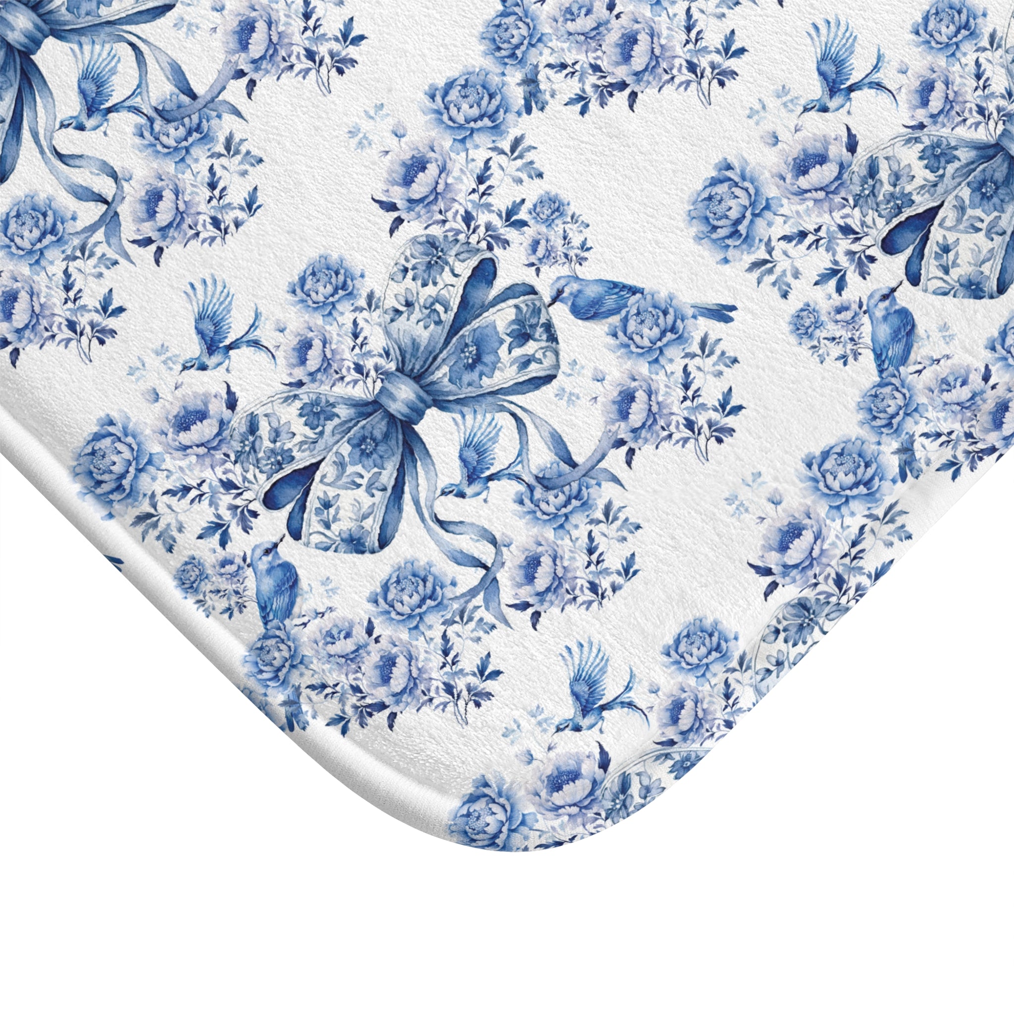 Tapis de bain élégant en chintz bleu avec nœud – Magnifiques oiseaux et motifs floraux | Tapis de bain doux, absorbant et antidérapant pour une décoration intérieure élégante et confortable