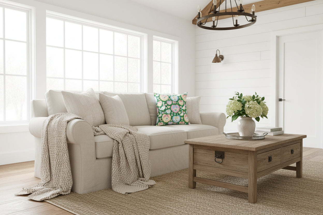 Decorative pillow with a colorful pattern on a green background
