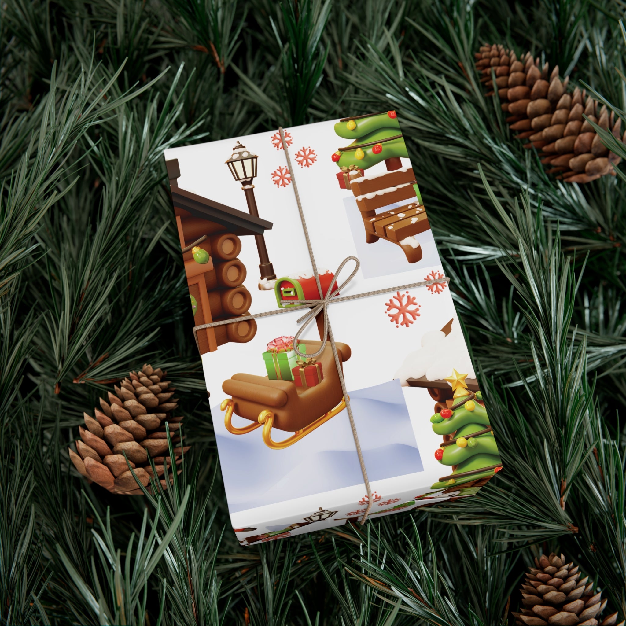 Papier Cadeau Illusion 3D Pingouin Motif Pingouin Hivernal Mignon et Scène de Cabane Sous la Neige, Papier Cadeau de Noël Festif, Papier Cadeau de Fêtes en 3 TaillesParfait pour les Cadeaux Saisonniers