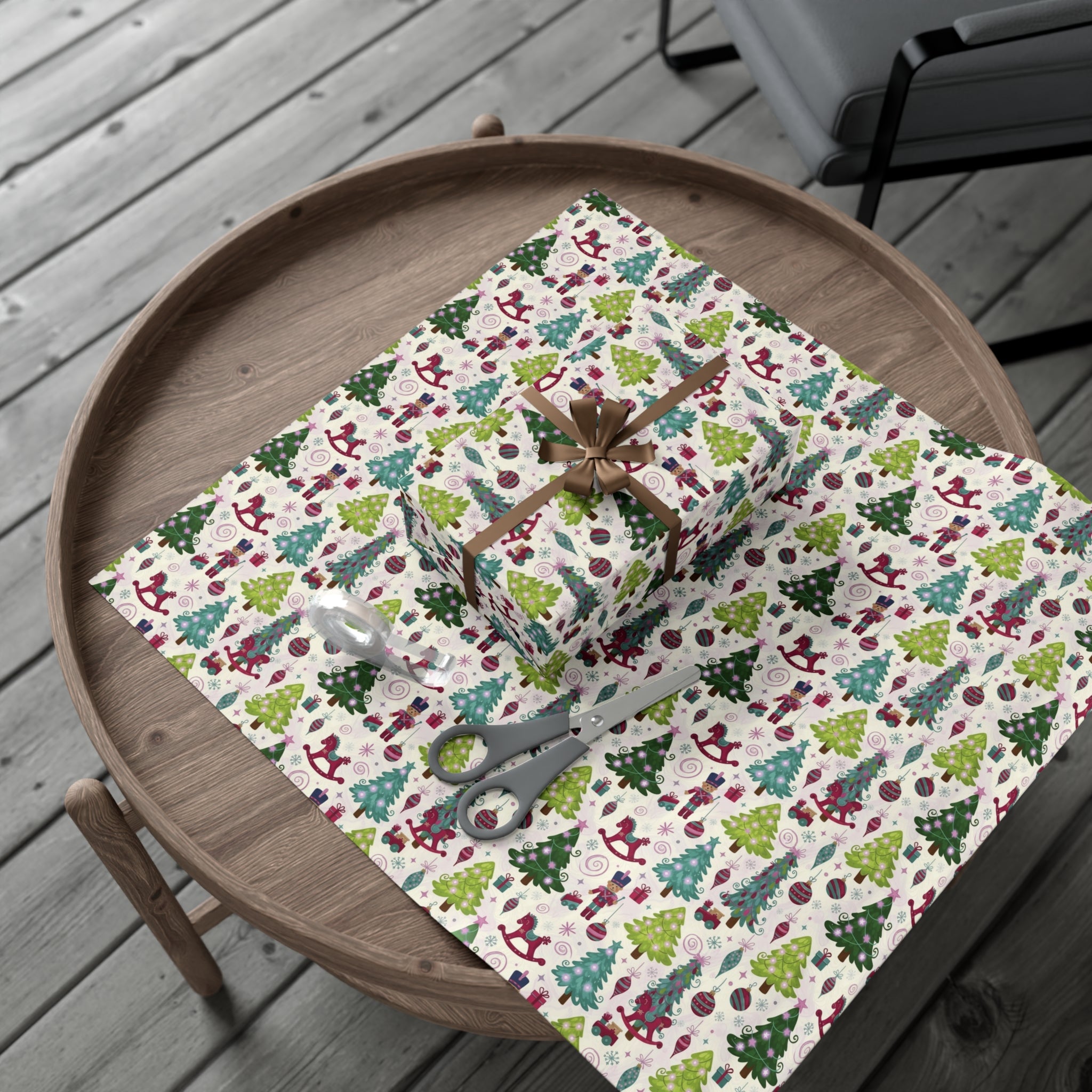 Festive Christmas wrapping paper with toys, trees & holiday icons. Available in 3 sizes—perfect for gifts, parties & seasonal décor.