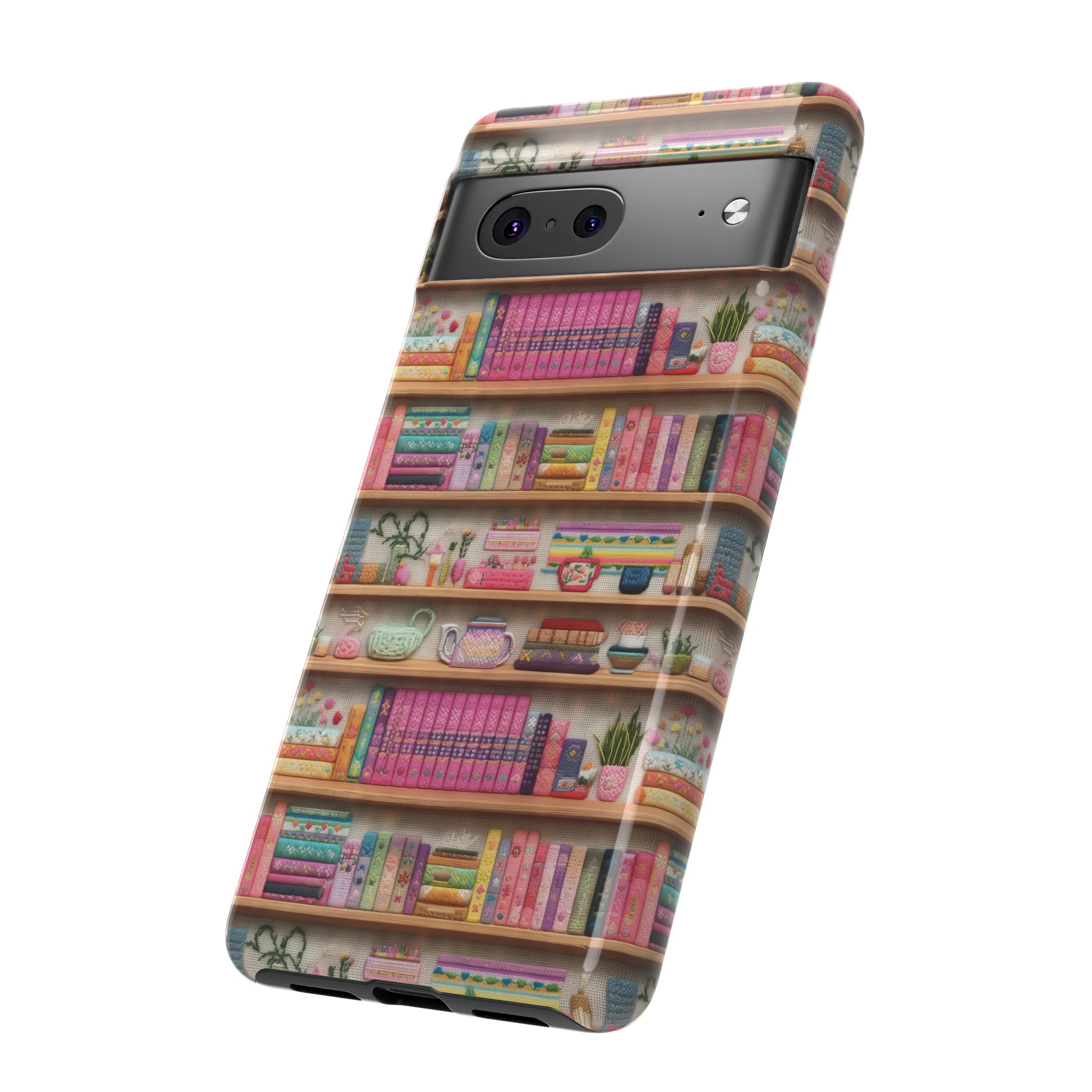 Phone Case 3D Illusion Books & Shelf Embroidery Design with Vibrant Colors Gift for Her Phone 15, Samsung iPhone Samsung Gift for Her Case iPhone 15, Samsung iPhone Samsung Accessory Gift for Her.