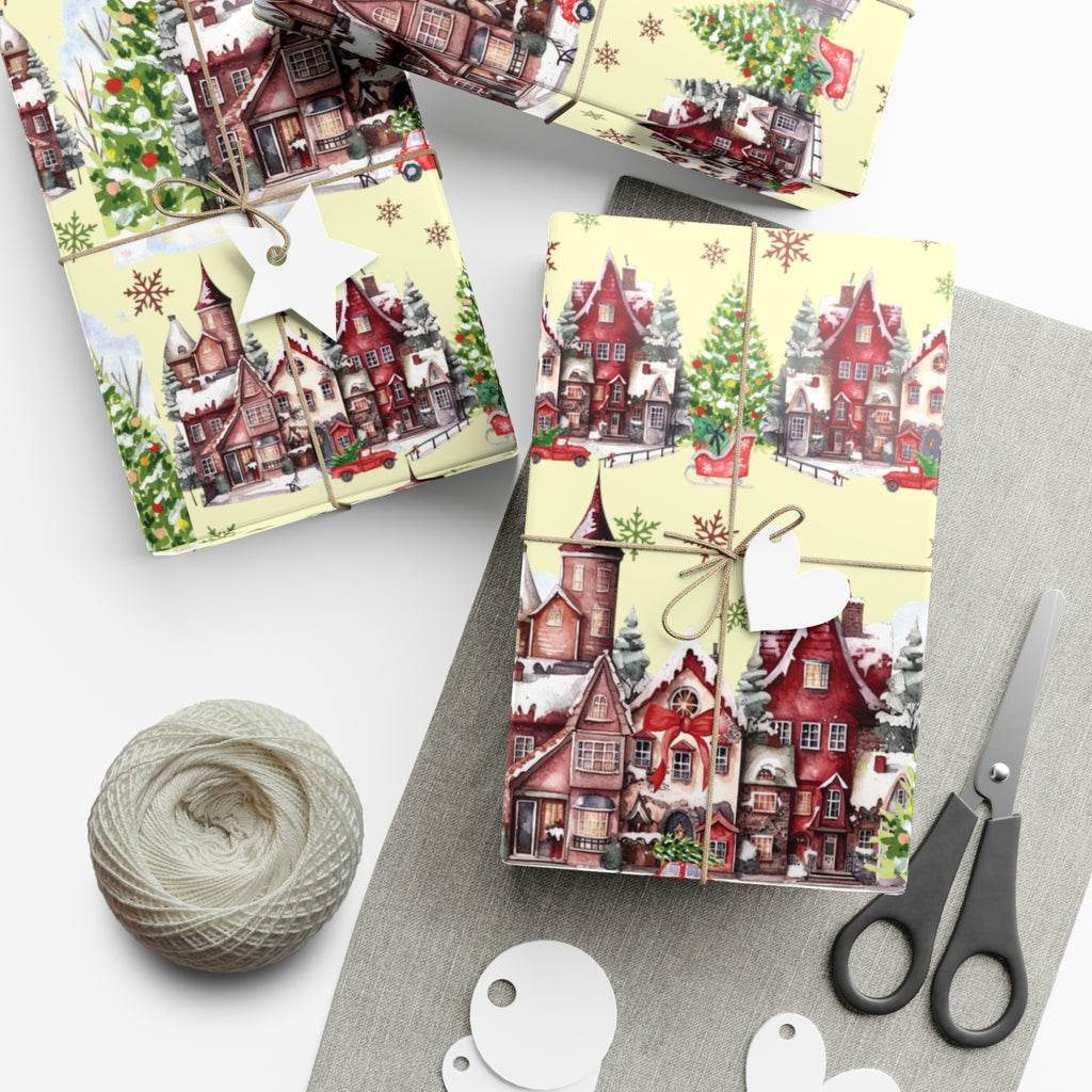 Christmas Village Wrapping Paper Whimsical Winter Wonderland with Pastel Trees, Snowflakes, and Festive Gifts Perfect for a Magical Holiday Season in Matte/Satin, All Occasion - MRSBYVALLE