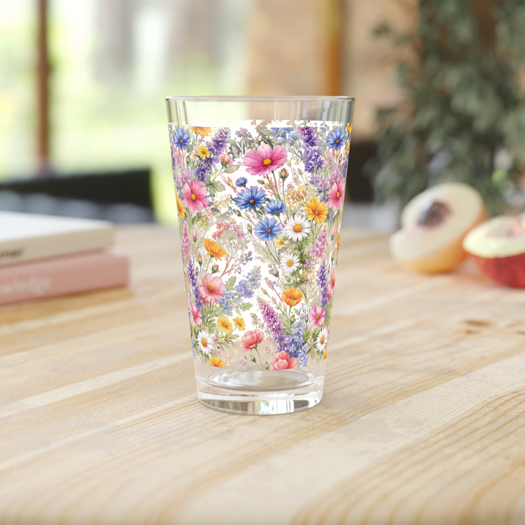 16oz Pint Glass — Wildflowers Bright Floral Spring Pint Party Glassware - Perfect for Wedding or Mom