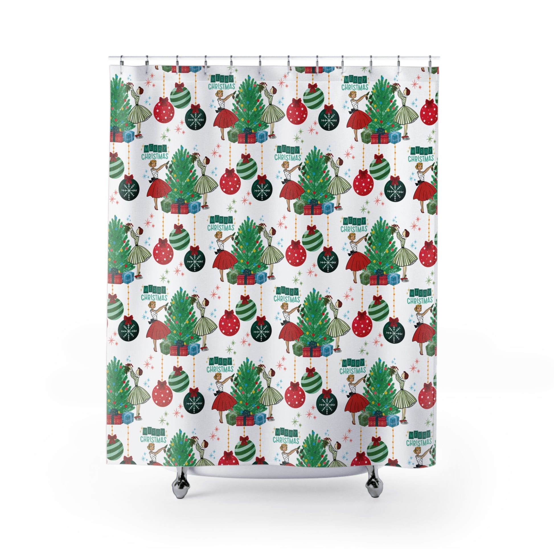 Retro Glam 50s Christmas Shower Curtain | Vintage Holiday Bathroom Decor, Festive Mid Century Xmas Gift, Retro Holiday StyleHooks Not Included