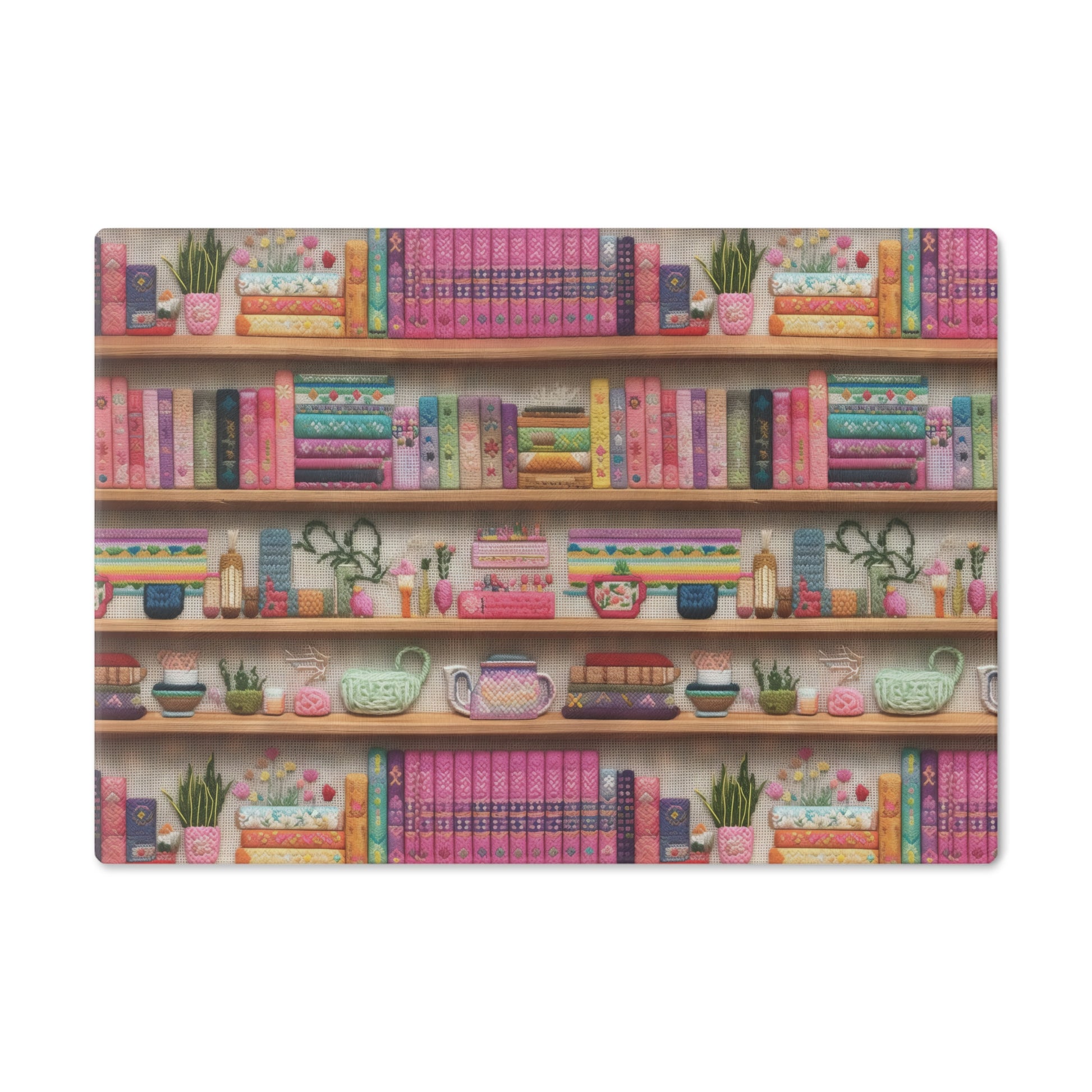 Charming 3D Embroidery Illusion Books on Pastel Shelves Glass Cutting Board Perfect for Book Lovers' Kitchens Cooking Kitchen Decor Housewarming, New House Gift - MRSBYVALLE