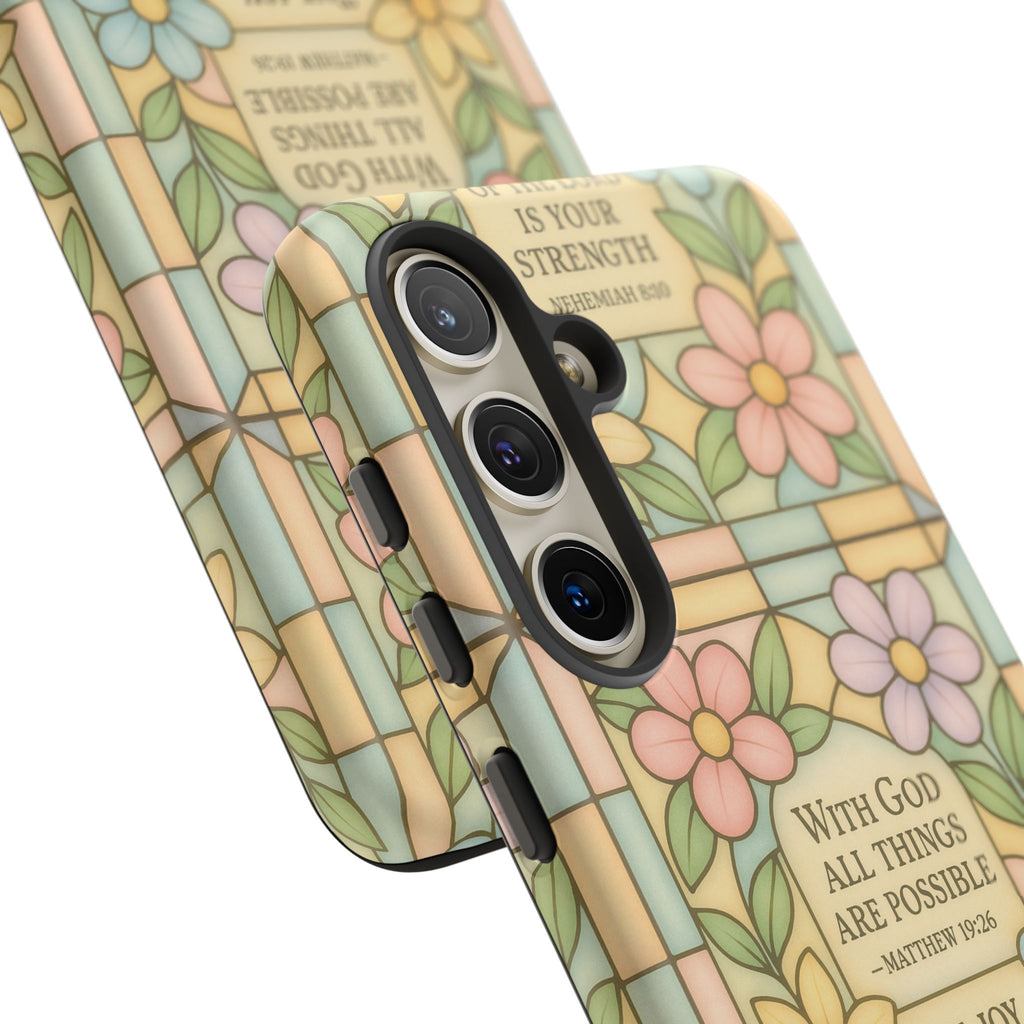 Pastel Stained Glass Bible Verse Phone Case Christian Affirmation Cover, Soft Geometric Design, iPhone Samsung Google, Faith Gift for Her Bible Verse or Affirmation | Protective, Inspirational Gift for Christians