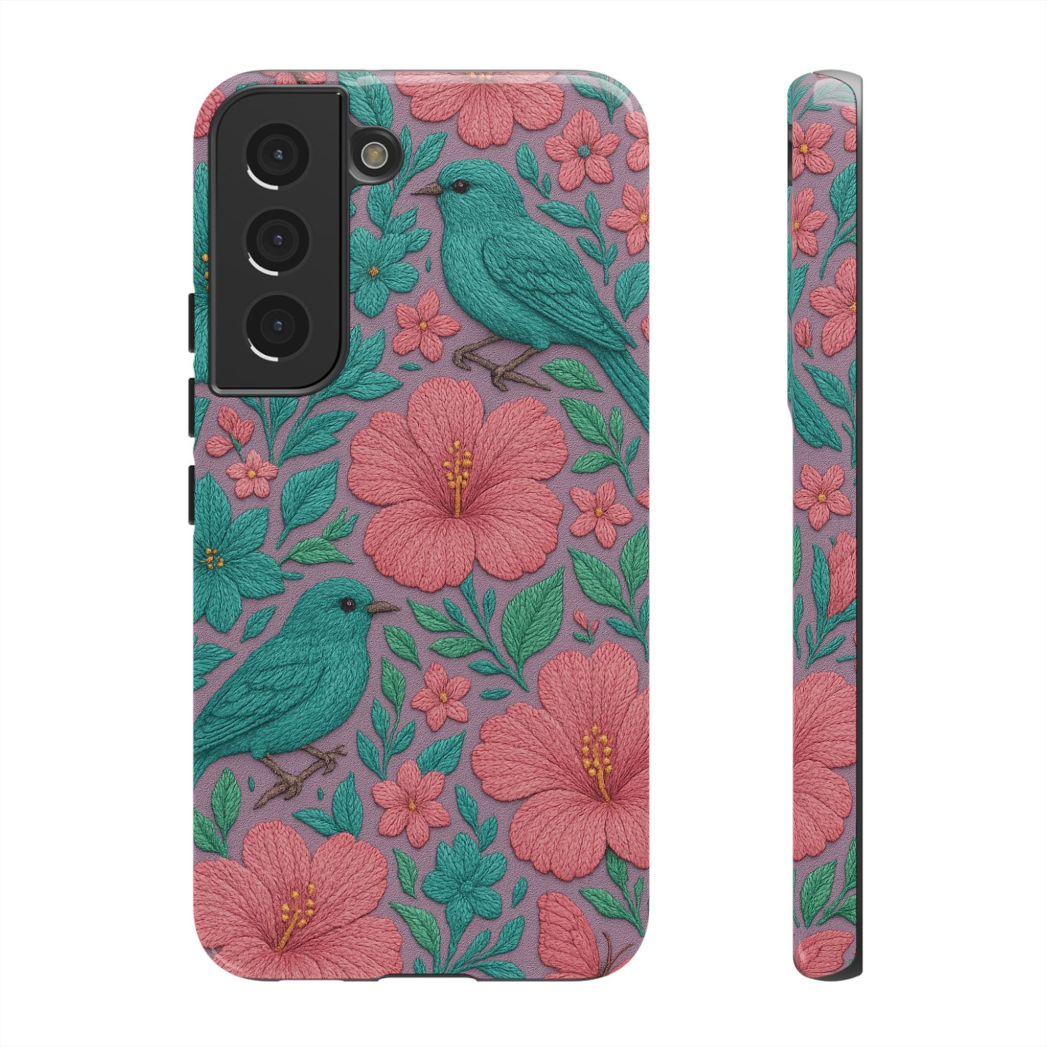 Turquoise, Pink and Lavender 3D Embroidery Illusion Phone Case Tropical Flowers, Birds & Butterflies Cover with Bold, Realistic Floral Texture iPhone, Samsung