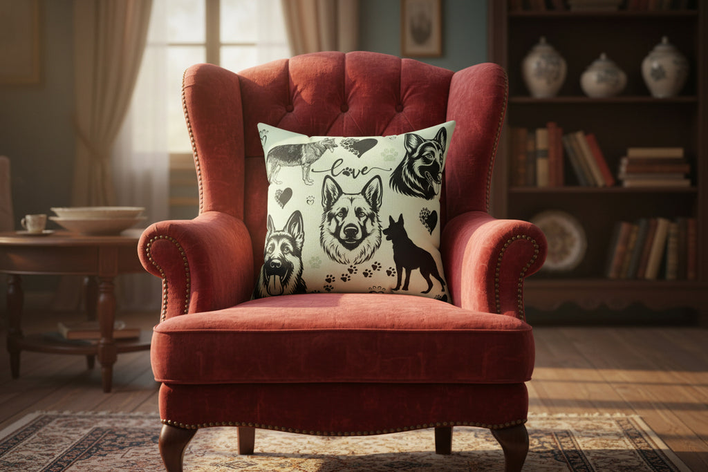 Pillow with black dog illustrations and 'love' text on a light green background