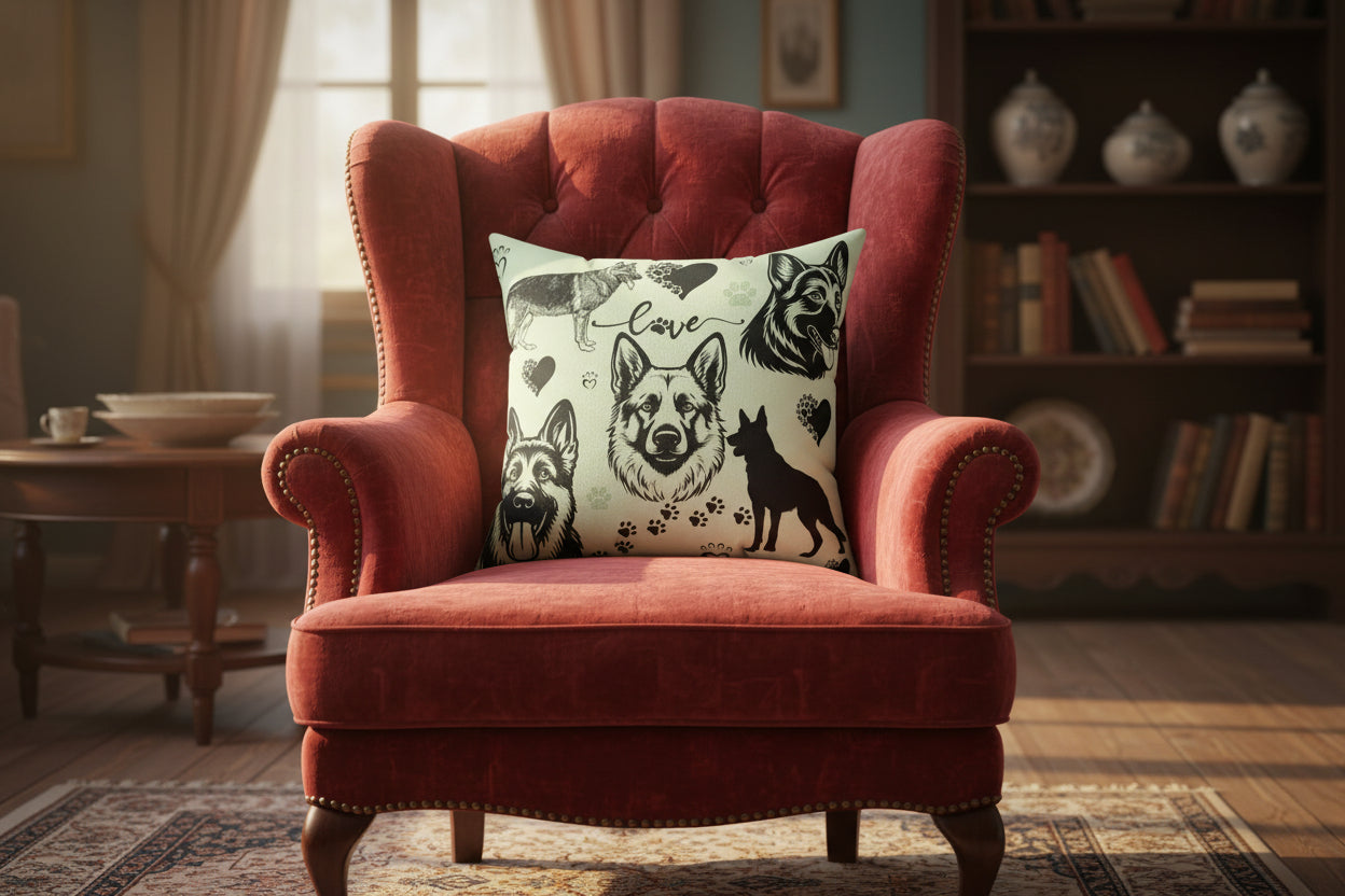 Pillow with black dog illustrations and 'love' text on a light green background