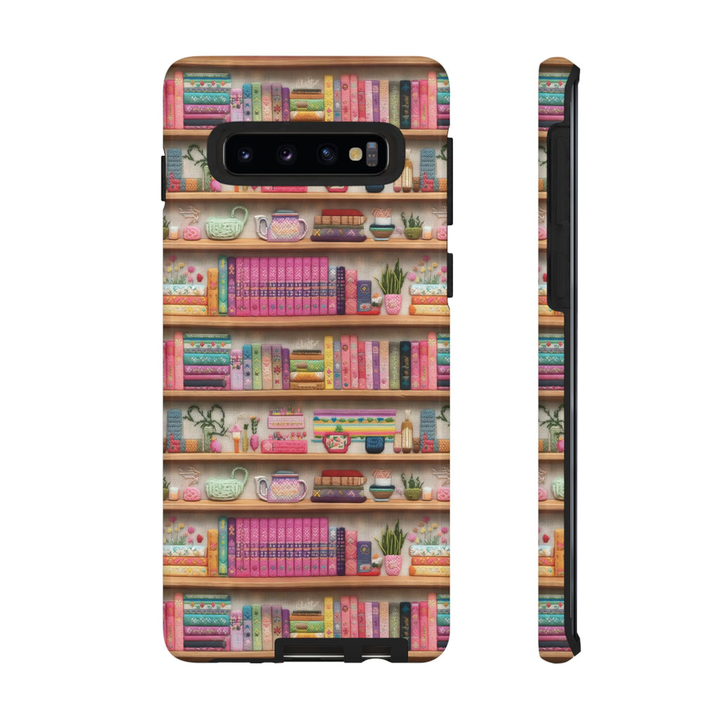 Whimsical 3D Embroidery Illusion Books on Pastel Shelves Phone Case for iPhone, Samsung & Pixel: Unique Accessory for Literary Enthusiasts Gift for Her Perfect for Floral Lover