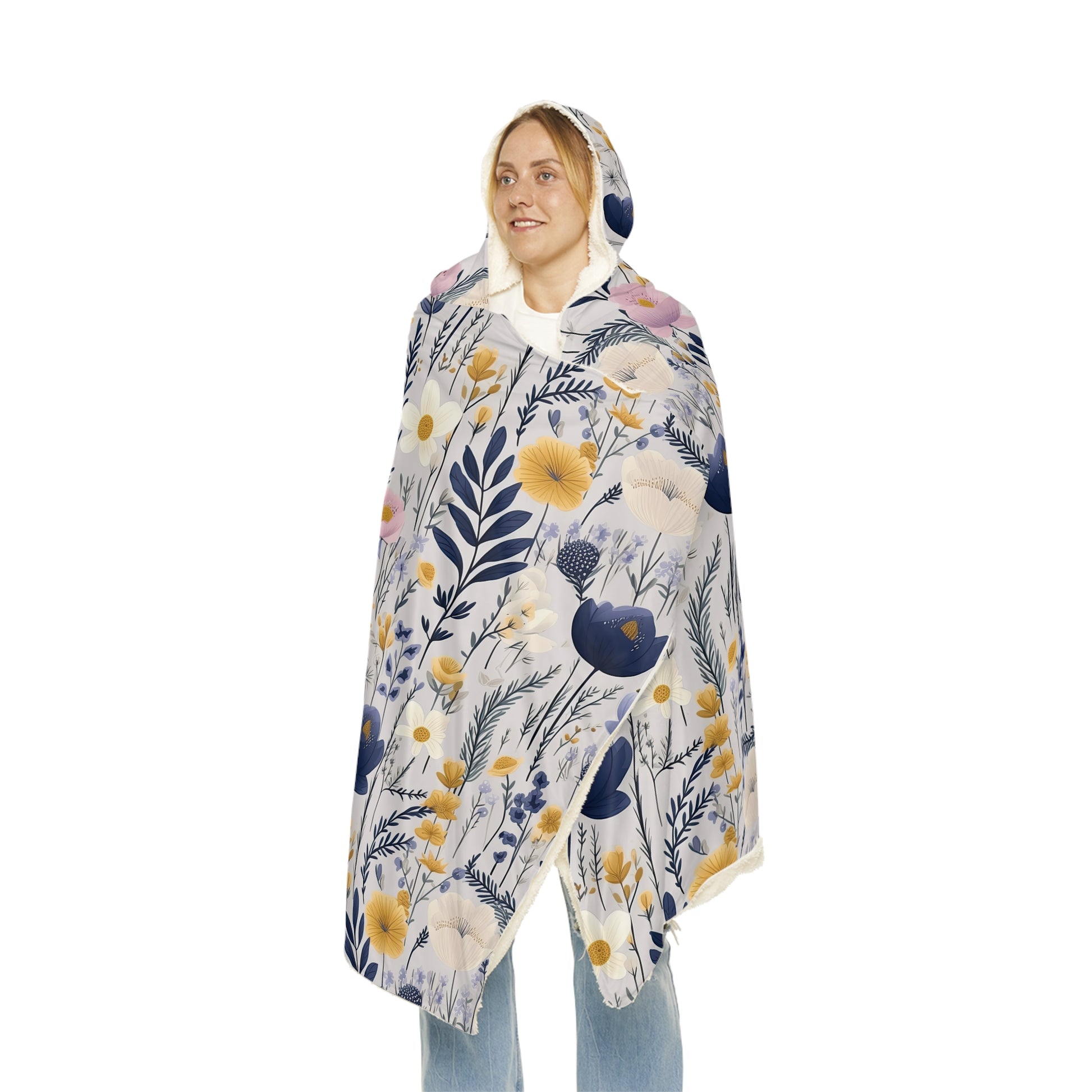 Blue & Yellow Floral Hooded Blanket – 3D Illusion Cozy Throw, Soft Sherpa Gift for Her, Warm Winter Blanket for Couch or Bed Gift Idea