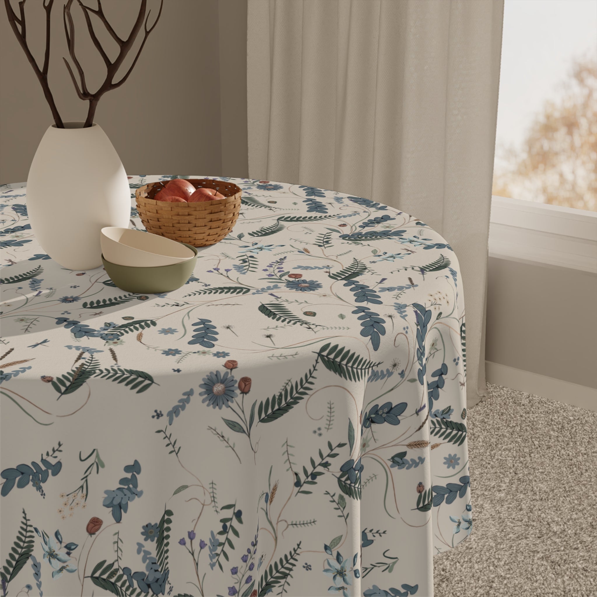 Botanic Blues & Beige Party Tablecloth — Floral Elegant Dining Decor