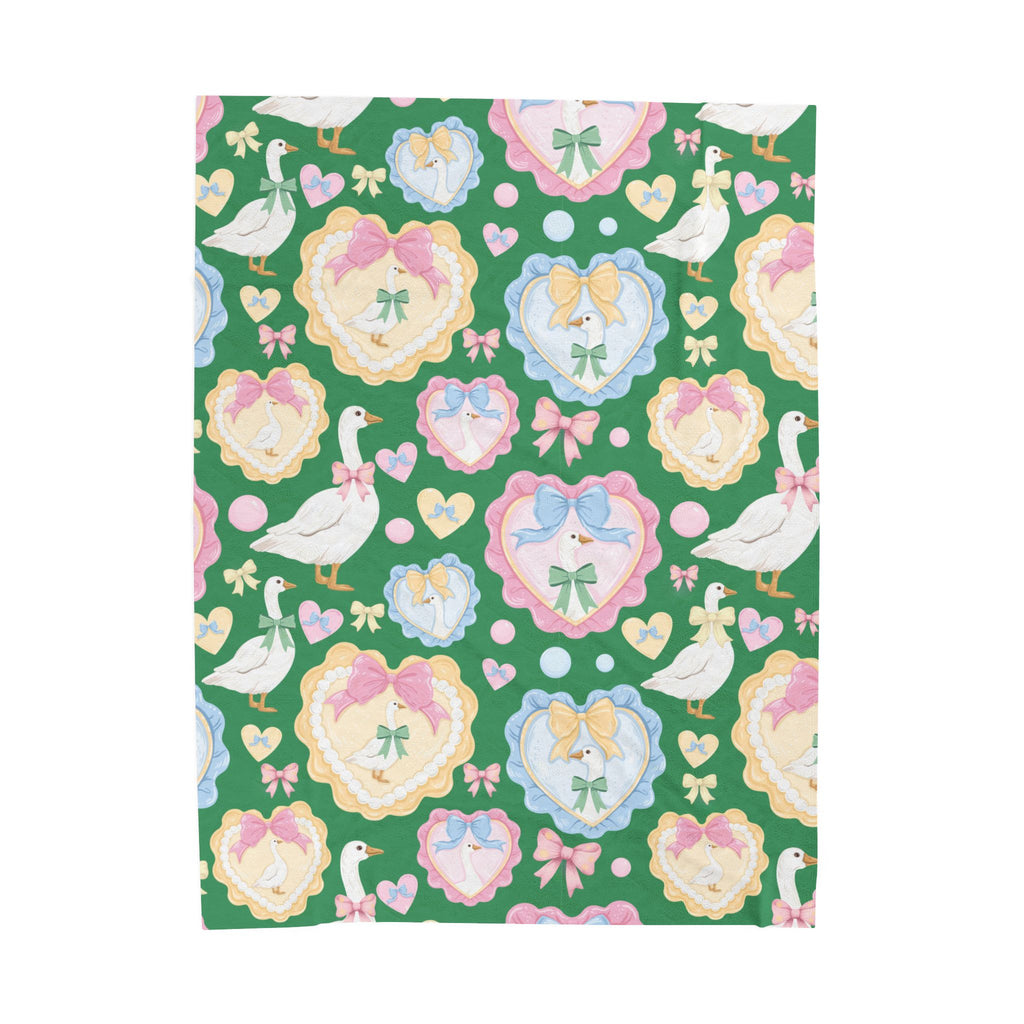 Couverture polaire en velours vert "Silly Goose" — Plaid douillet à nœuds et cœurs pastel