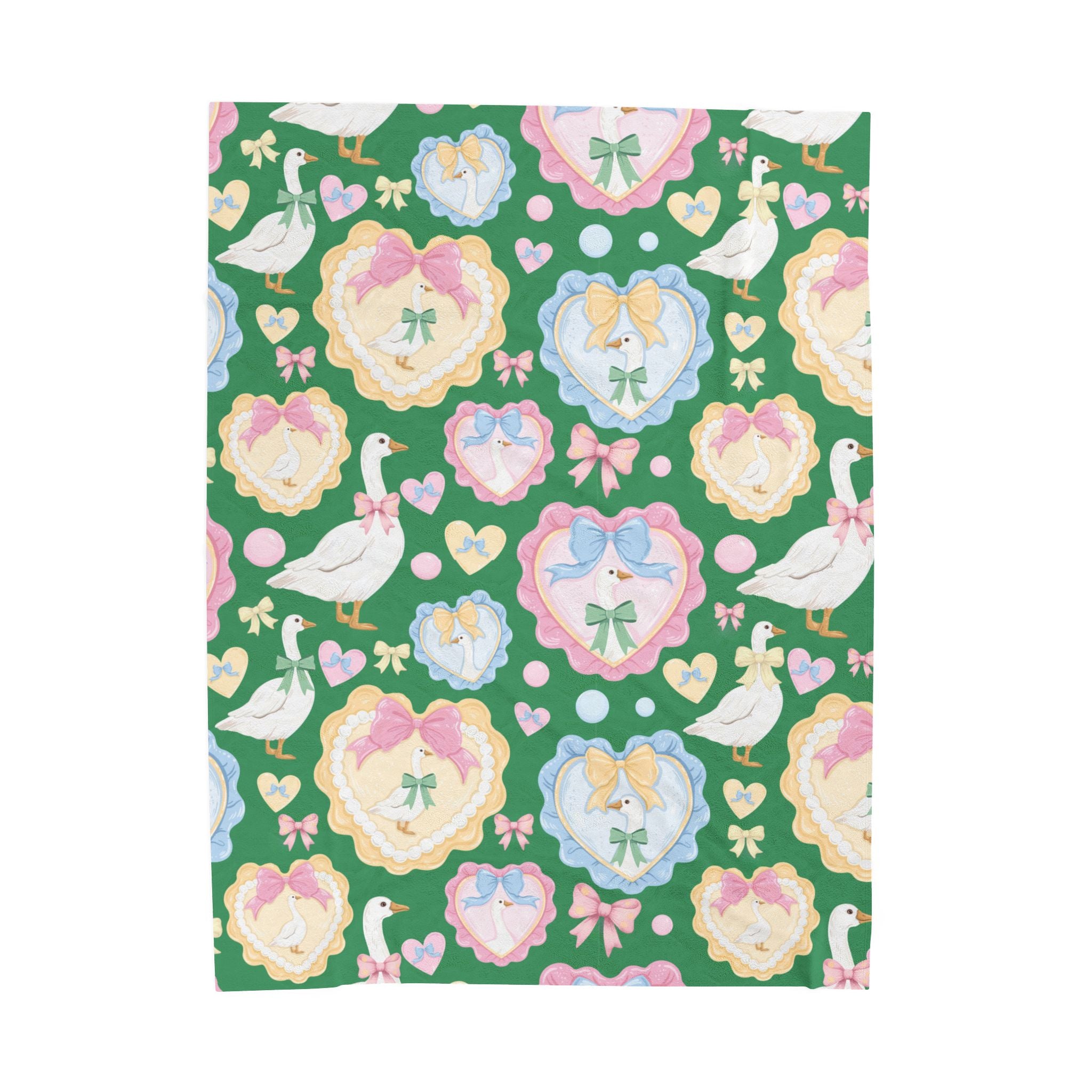 Silly Goose Green Velveteen Plush Blanket — Pastel Bows & Hearts Cozy Throw
