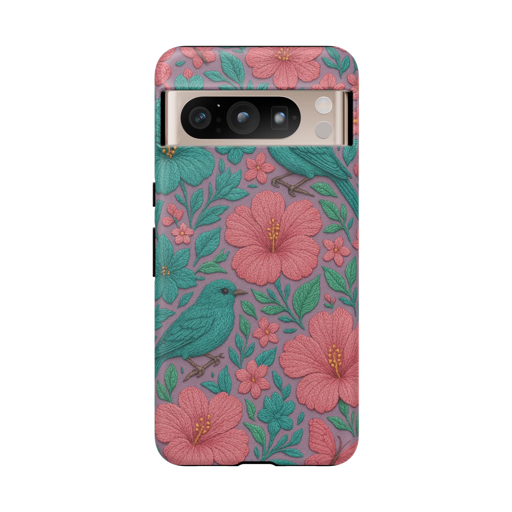 Turquoise, Pink and Lavender 3D Embroidery Illusion Phone Case Tropical Flowers, Birds & Butterflies Cover with Bold, Realistic Floral Texture iPhone, Samsung