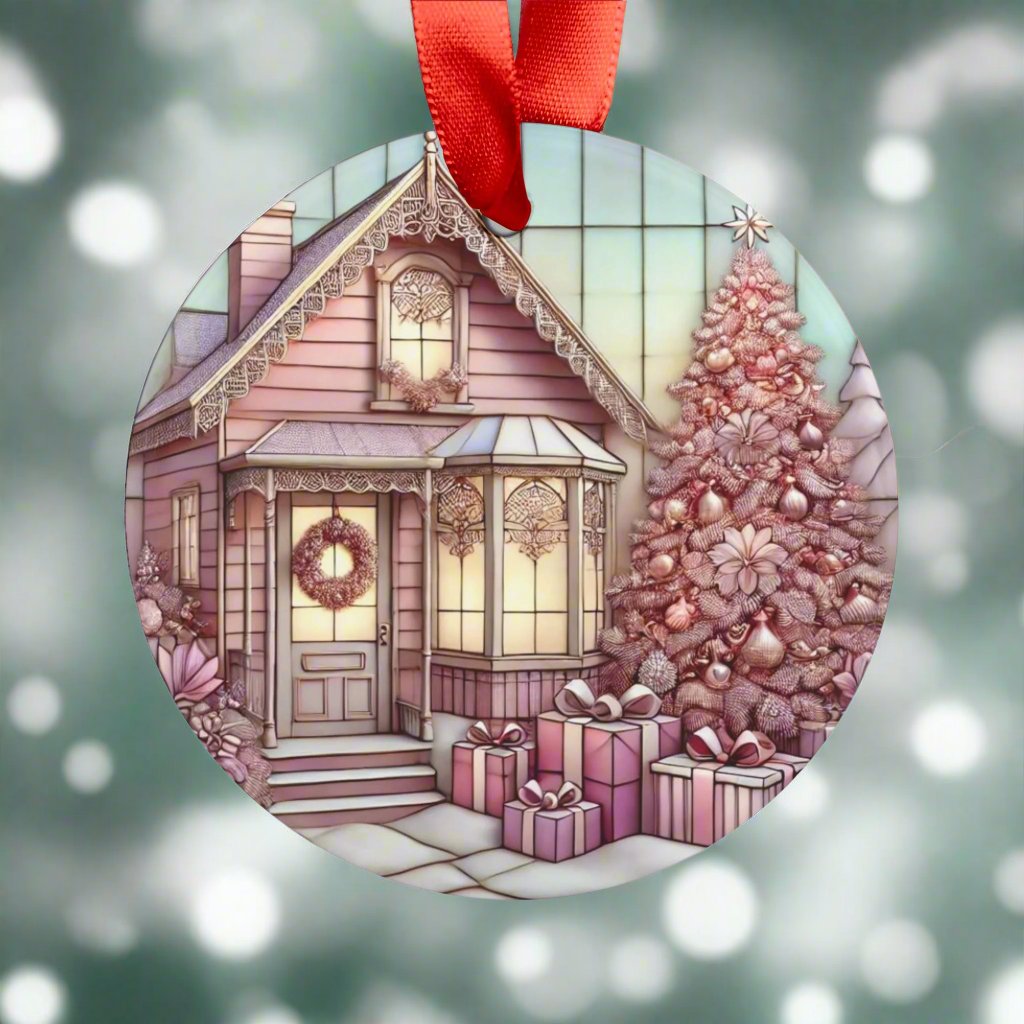 Vintage Pink Christmas House Ornament - Acrylic with Ribbon Perfect Holiday Decor, Unique Christmas Gift Idea, Pastel Holiday Decoration, Cozy Home Tree Design - MRSBYVALLE