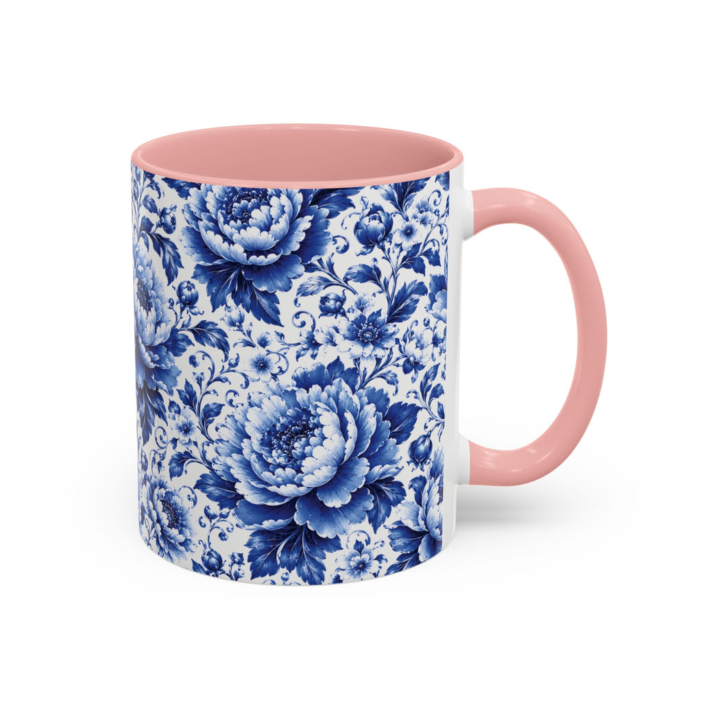 Blue Floral Ceramic Coffee Mug — Vintage Delft Peony Accent (11oz & 15oz) Blue & White Chinoiserie Tea Mug