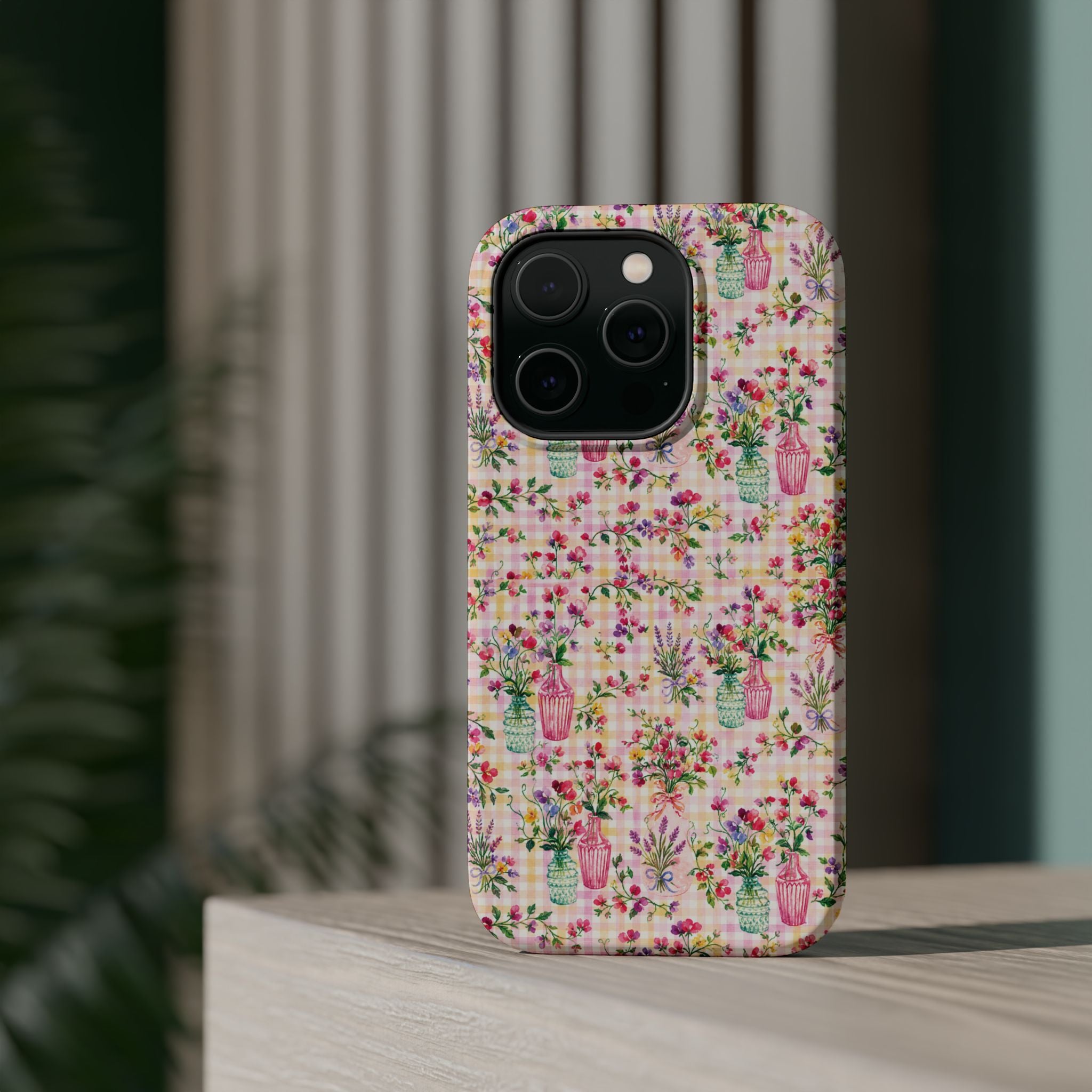Turquoise & Pink Floral Checker Phone Case — Magnetic Impact-Resistant