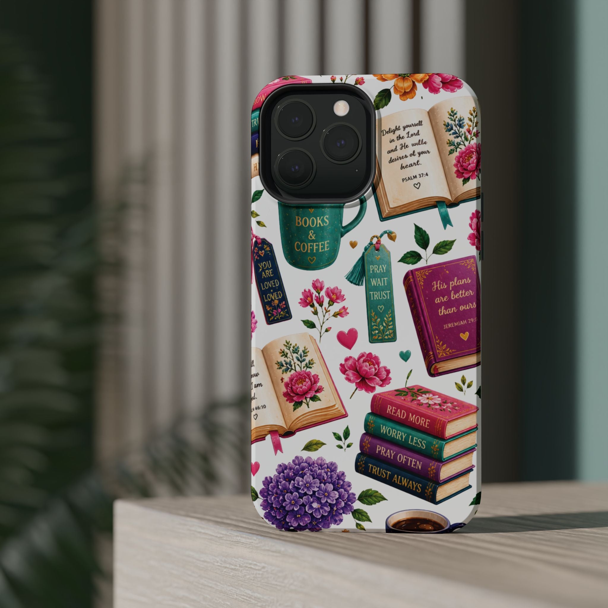 Christian Books & Coffee Phone Case — Magnetic Impact-Resistant Christian Gift