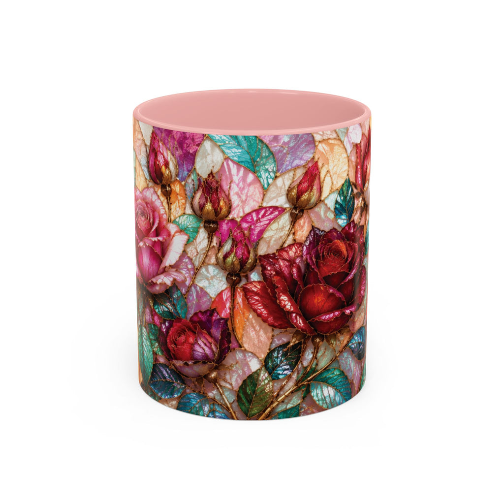 Floral Stained-Glass Accent Coffee Mug Colorful Rose Pattern (11/15 oz) Gift for Her