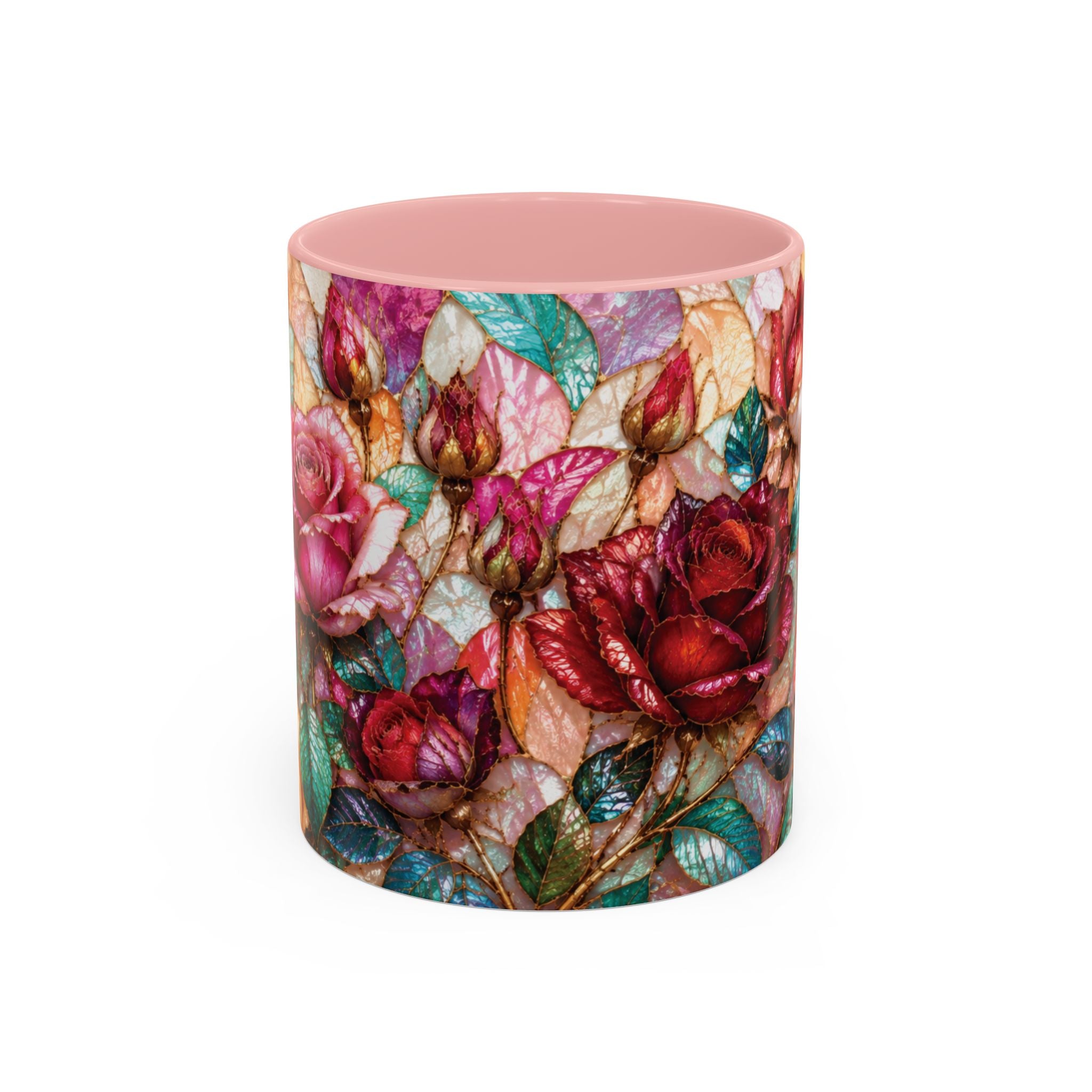 Floral Stained-Glass Accent Coffee Mug Colorful Rose Pattern (11/15 oz) Gift for Her