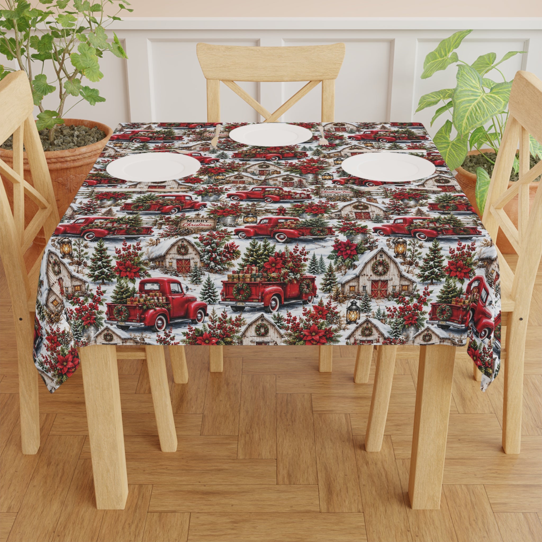 Vintage Red Truck Christmas Tablecloth — Holiday Farmhouse Plaid Decor