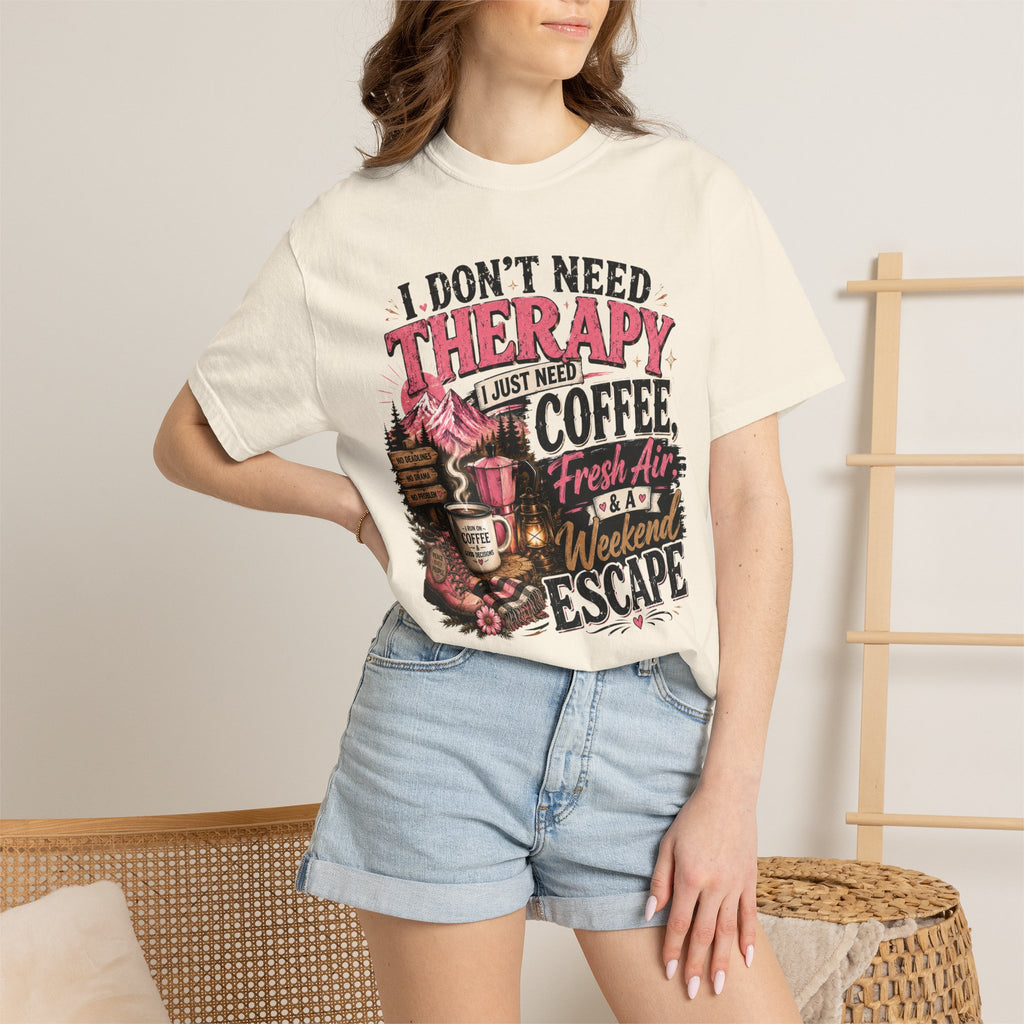 T-Shirt — “I Don’t Need Therapy, I Just Need Coffee, Fresh Air & A Weekend Escape” Vintage Coffee & Outdoors Tee