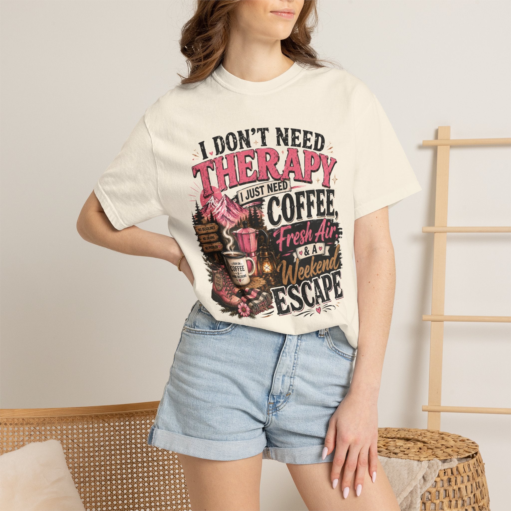 T-Shirt — “I Don’t Need Therapy, I Just Need Coffee, Fresh Air & A Weekend Escape” Vintage Coffee & Outdoors Tee