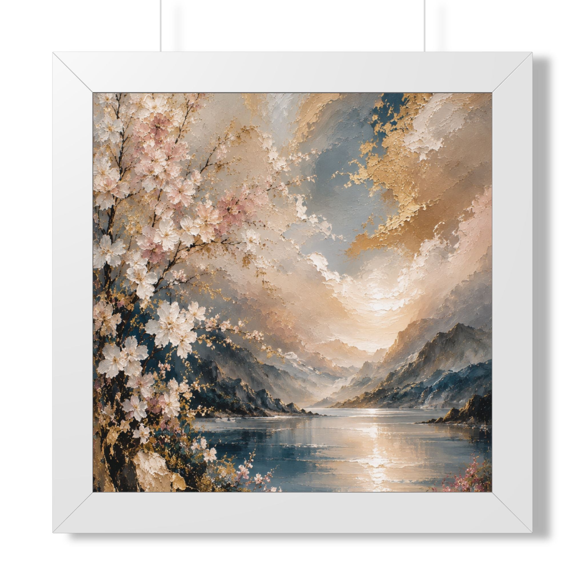 Sunlit Mountain Lake framed vertical poster | floral shoreline landscape