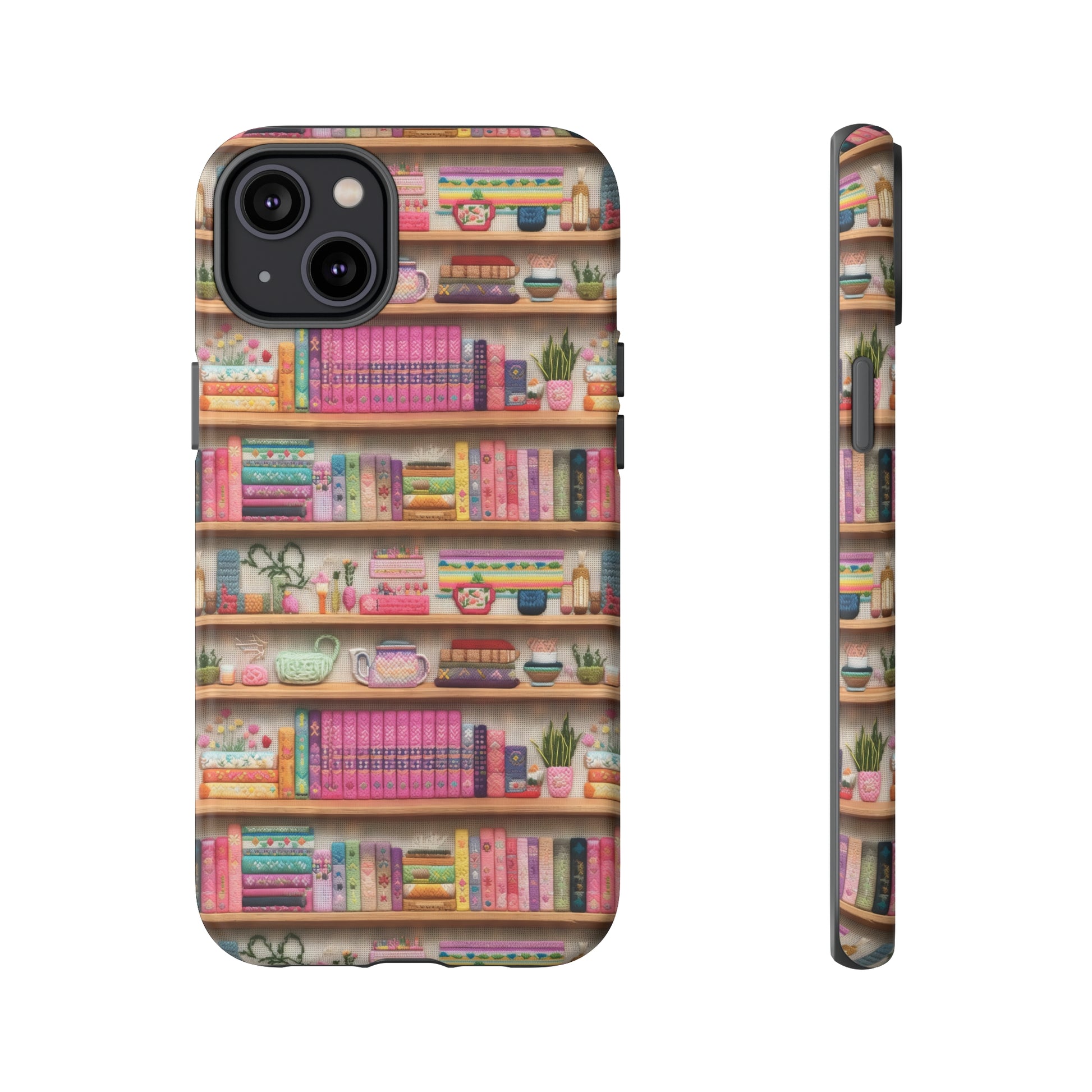 Phone Case 3D Illusion Books & Shelf Embroidery Design with Vibrant Colors Gift for Her Phone 15, Samsung iPhone Samsung Gift for Her Case iPhone 15, Samsung iPhone Samsung Accessory Gift for Her.