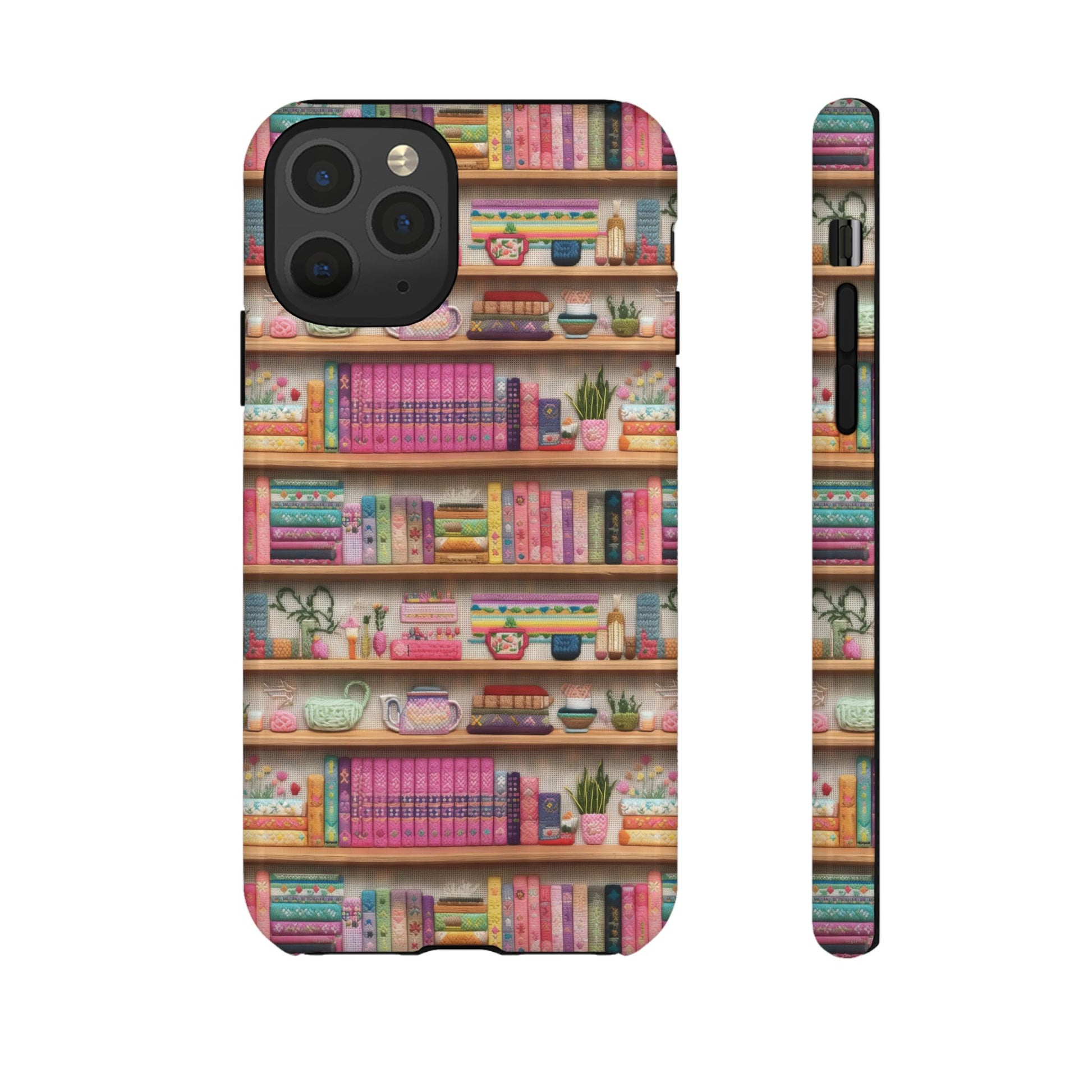 Whimsical 3D Embroidery Illusion Books on Pastel Shelves Phone Case for iPhone, Samsung & Pixel: Unique Accessory for Literary Enthusiasts Gift for Her Perfect for Floral Lover