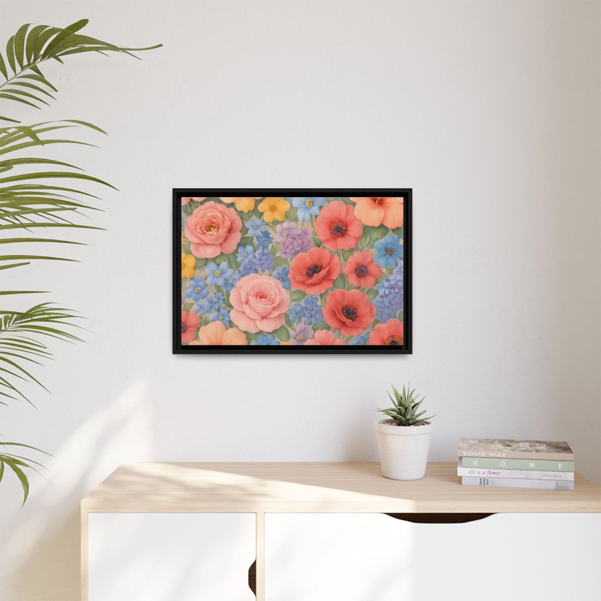 Luxury Framed Floral Canvas – Bold Multi-Color Botanical Wall Art, Elegant Nature-Inspired Accent for Living Room, Bedroom, or Office Décor Gift for Mom