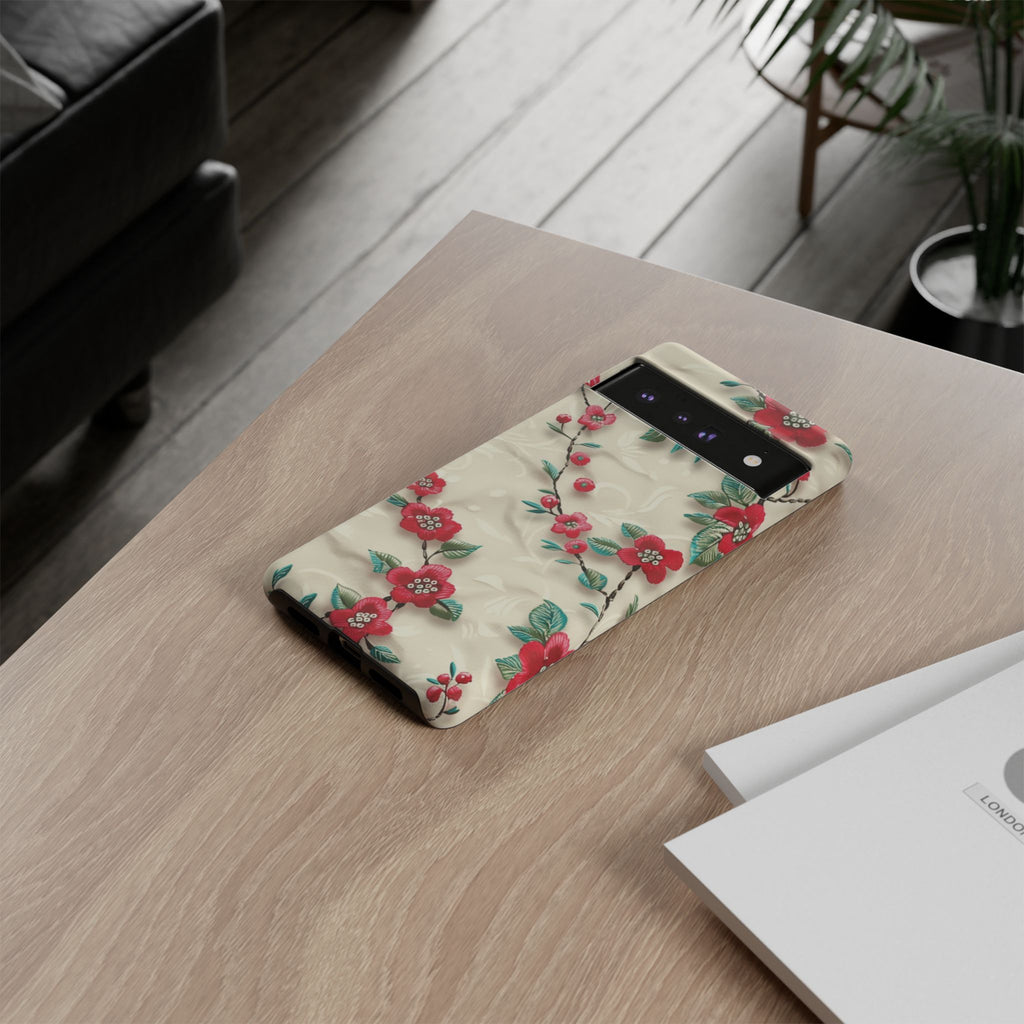 3D Embroidery Illusion Red Flowers Phone Case for iPhone, Samsung Pixel Artistic Floral Protection 15 14 13 12, 21 23 Gift for Her Perfect for Floral Lover